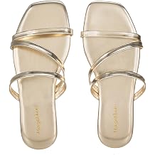 mazeskin Memory Foam Strappy Flats Sandals for Women Vegan Leather Summer Square Toe Beach Slides Non-Slip