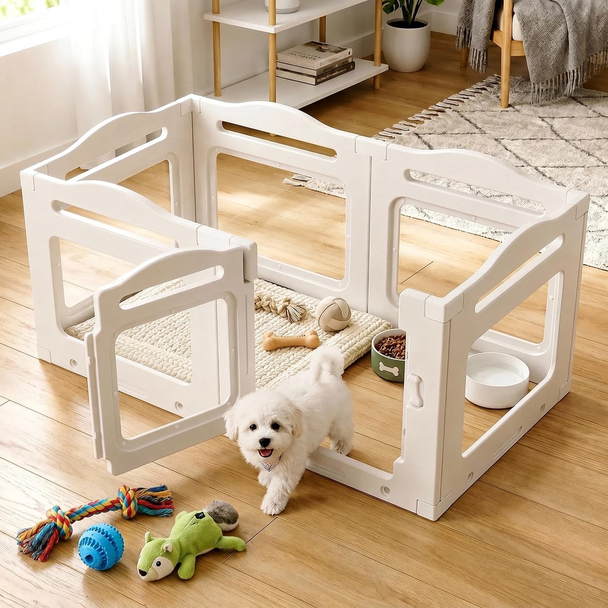 MAMIZO Parc pour Chiot en Acrylique 129 × 68× 60 cm, Enclos pour Chien | 6 PCS Parc Chien Interieur avec Ventouses, Panneaux Caisse Mise Bas pour Chiots avec Porte Verrouillable, Blanc
