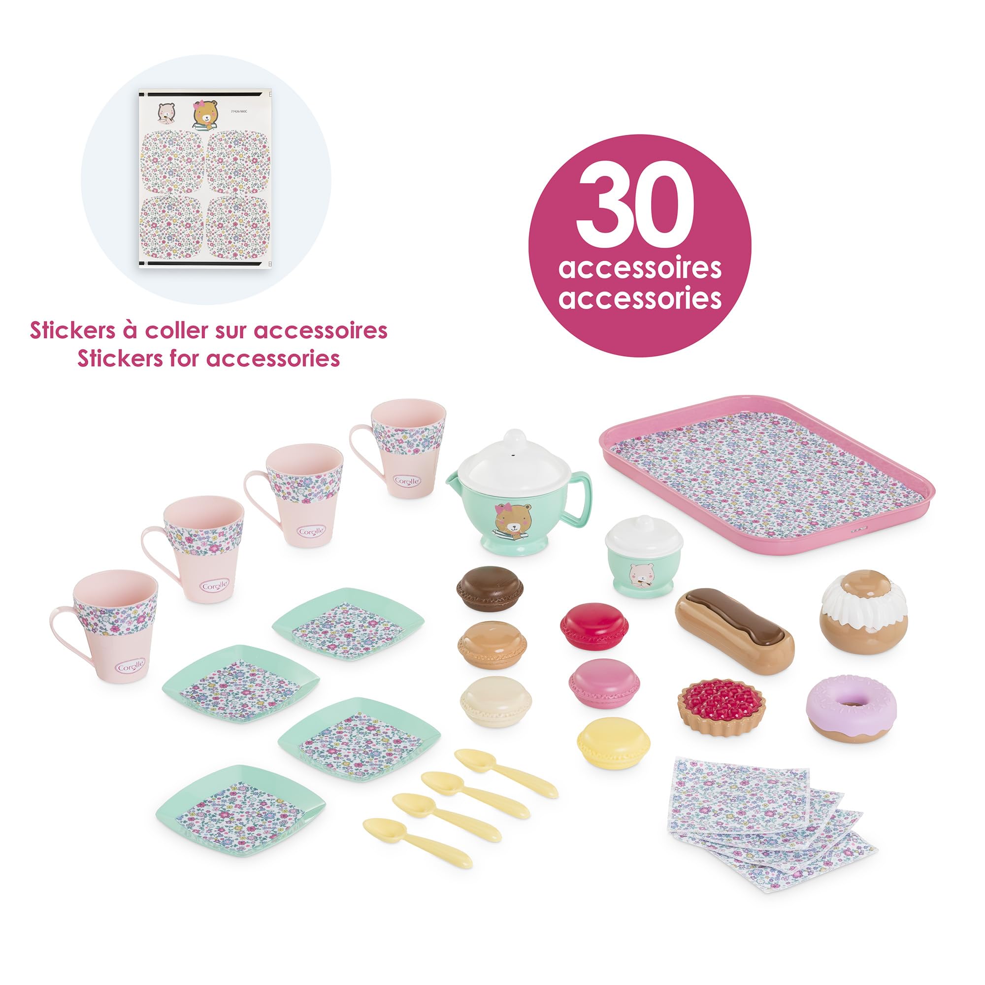 Corolle - 9000310050 - Ma Dinette Thé et Goûter, 30 Accessoires, pour Poupons-Poupées, dès 18 Mois