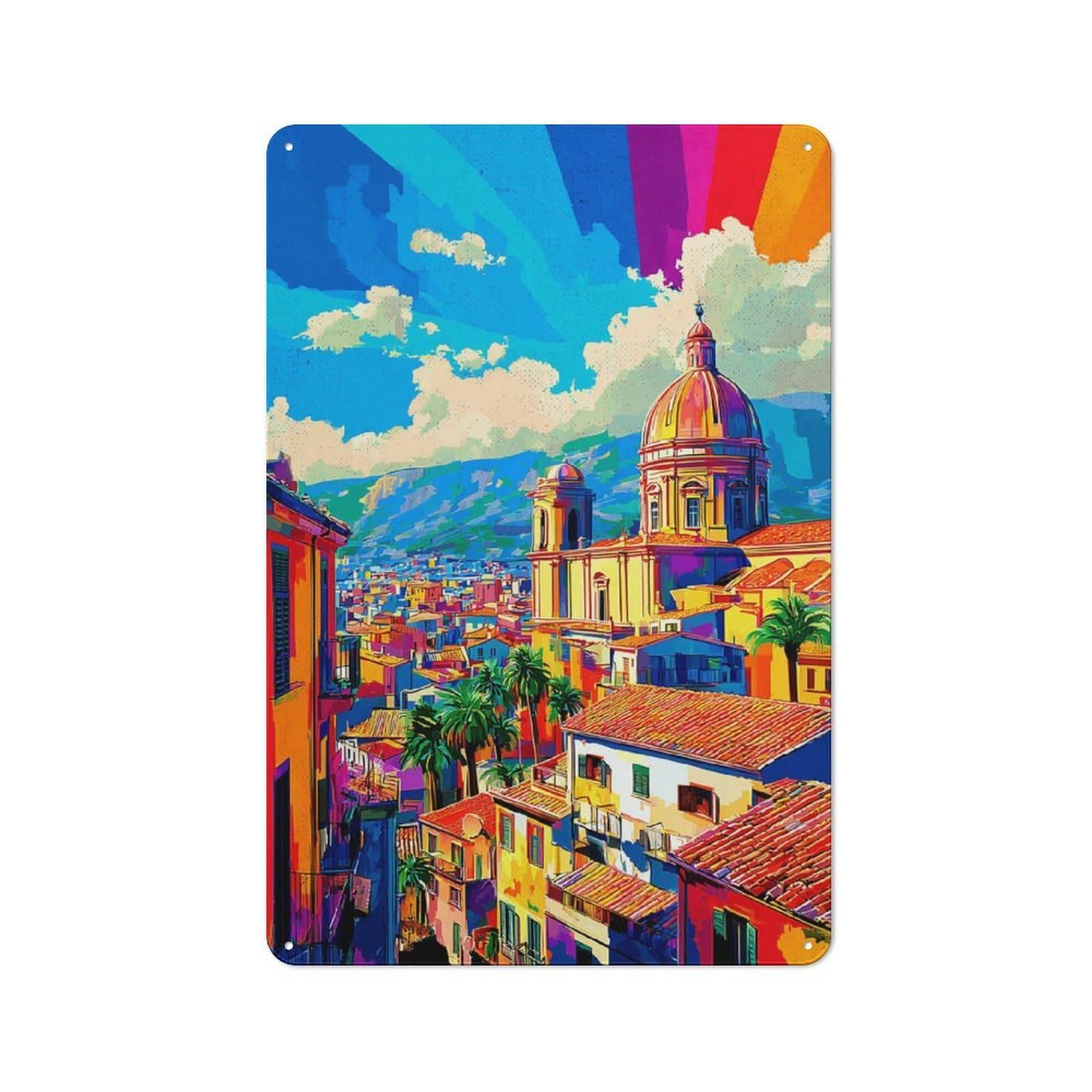 Junmoney Colorful Cityscape With Dome For Café Or Home Bar, Vintage Metal Wall Sign 30X20cm, A Christmas Gift For People Styling Café And Home Bar