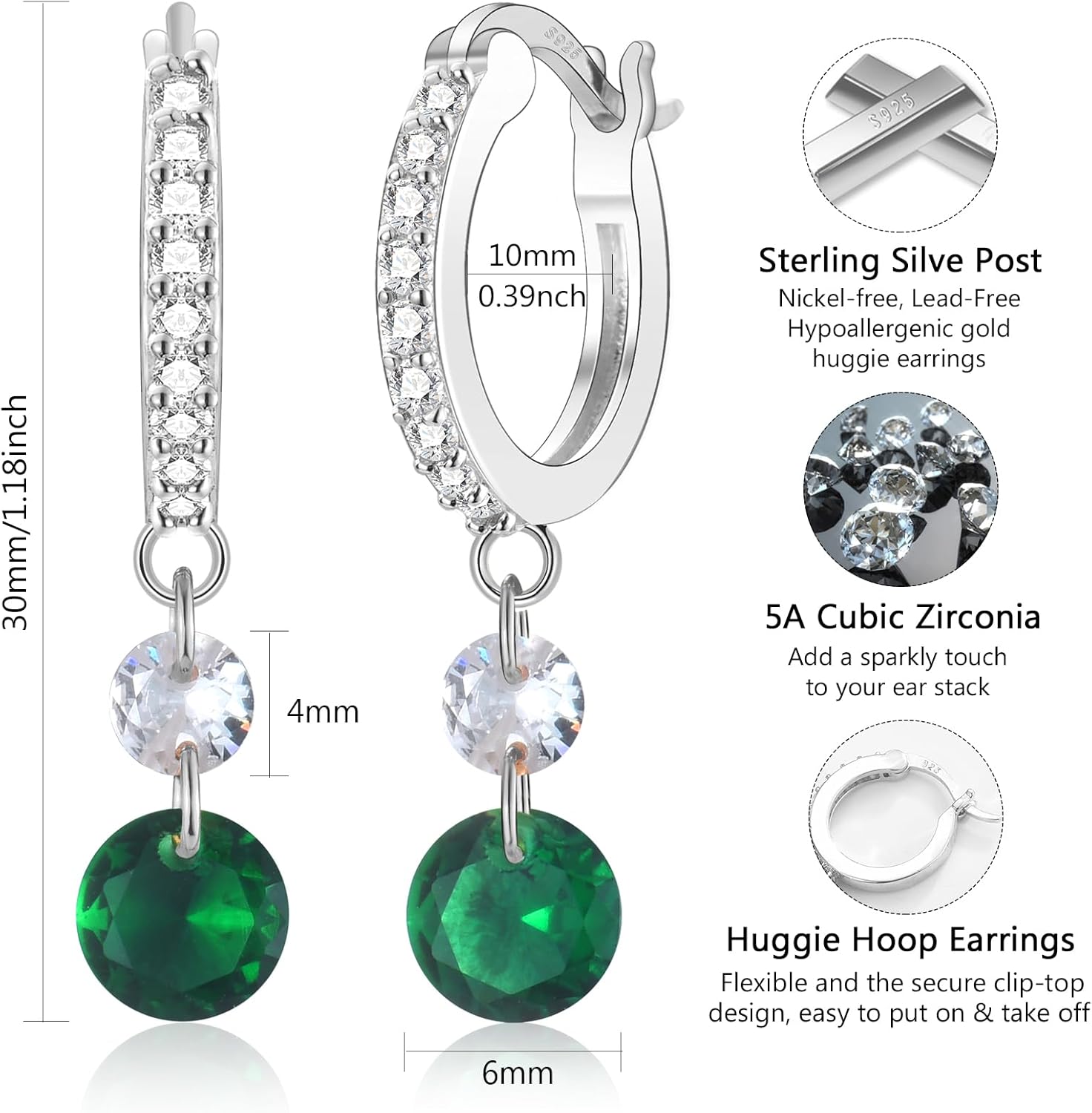 Gold Huggie Hoop Earrings for Women, Sterling Silver Post 14K Gold Plated Green Cubic Zirconia Dangle Drop Hoop Earrings Hypoallergenic Jewelry Gifts - Image 6