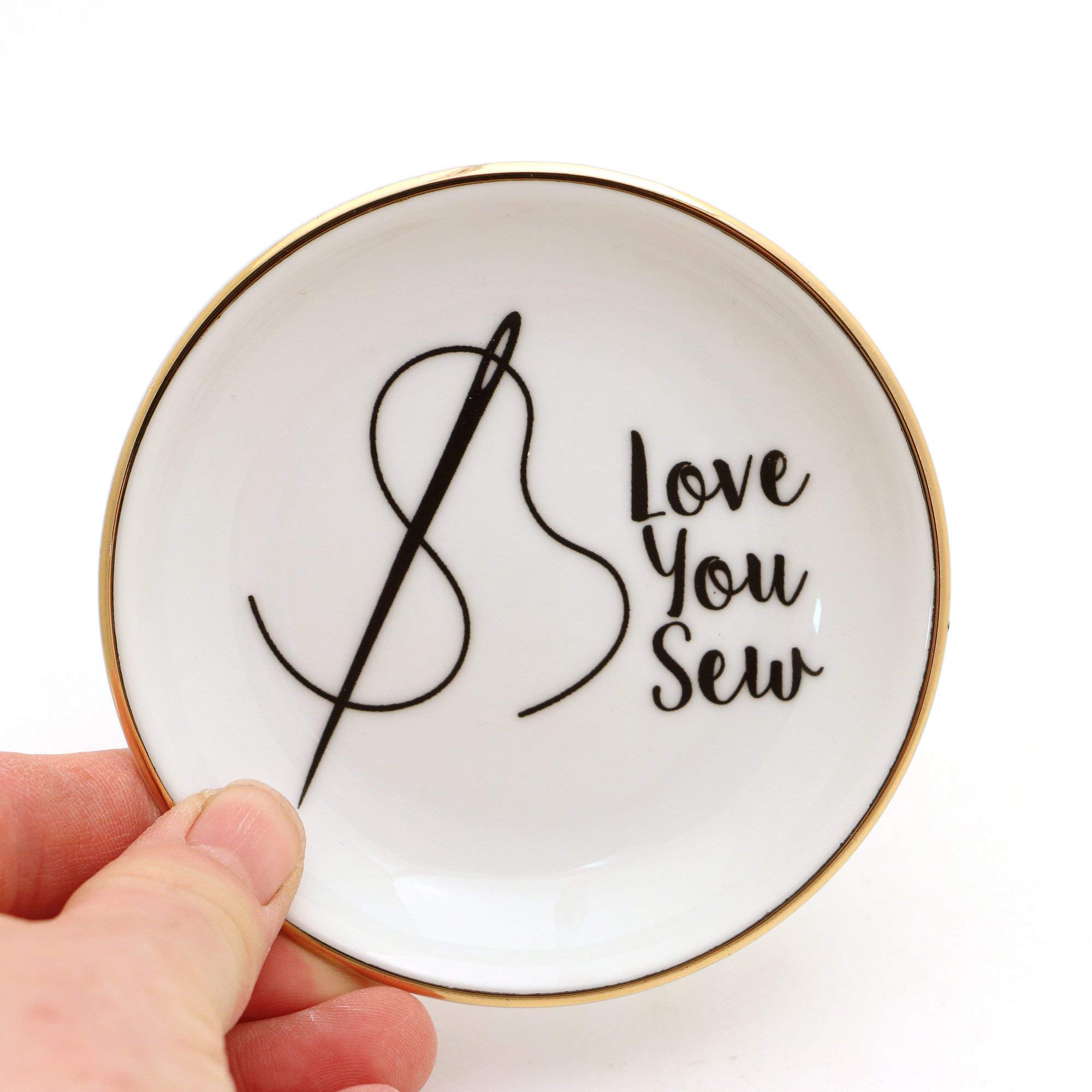 Love You Sew Ring Dish, Pin Holder, Small Dish with 22k Gold Accents, Ceramic, Lennymud by Lorrie Veasey