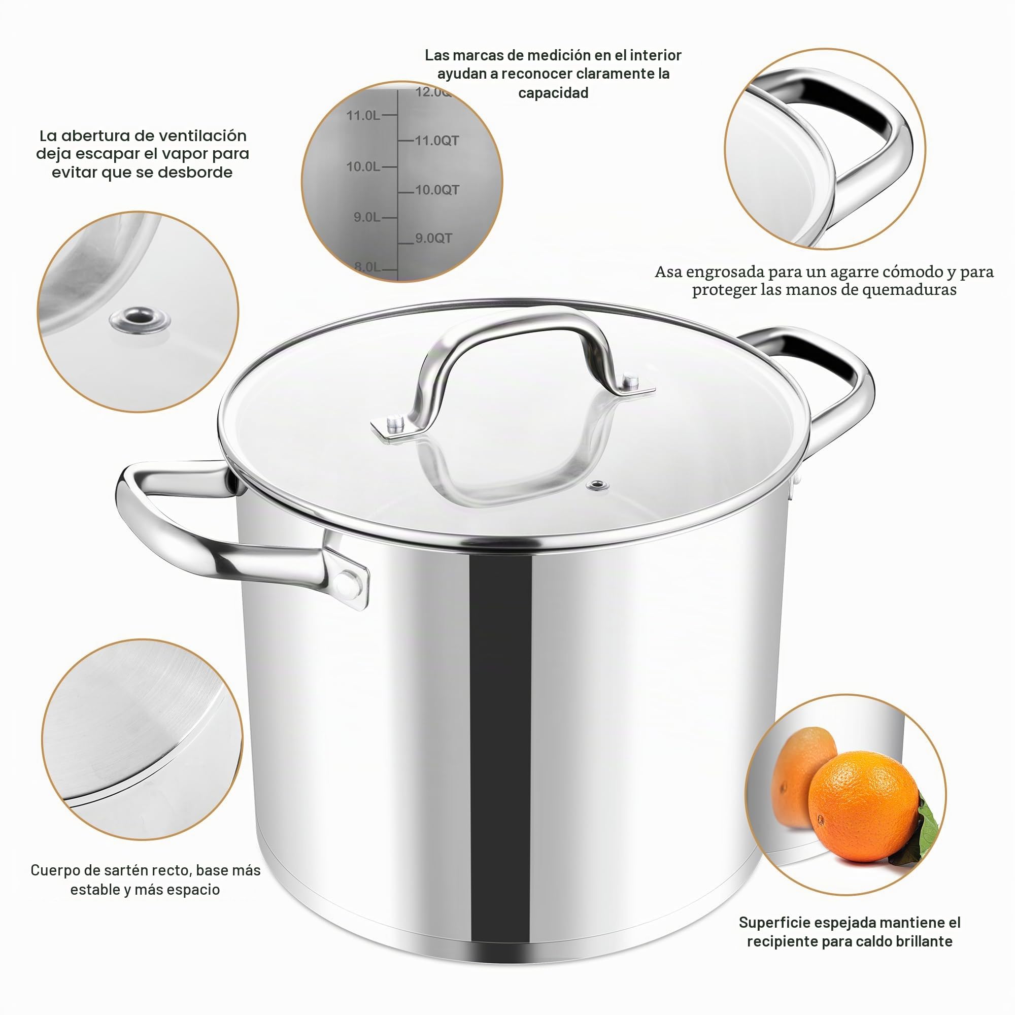 Joyfair Olla grande de acero inoxidable de 9,5 litros, para inducción con tapa de cristal, 3 capas, base estable, para todo tipo de cocinas, olla para pasta de para cocinar, grandes