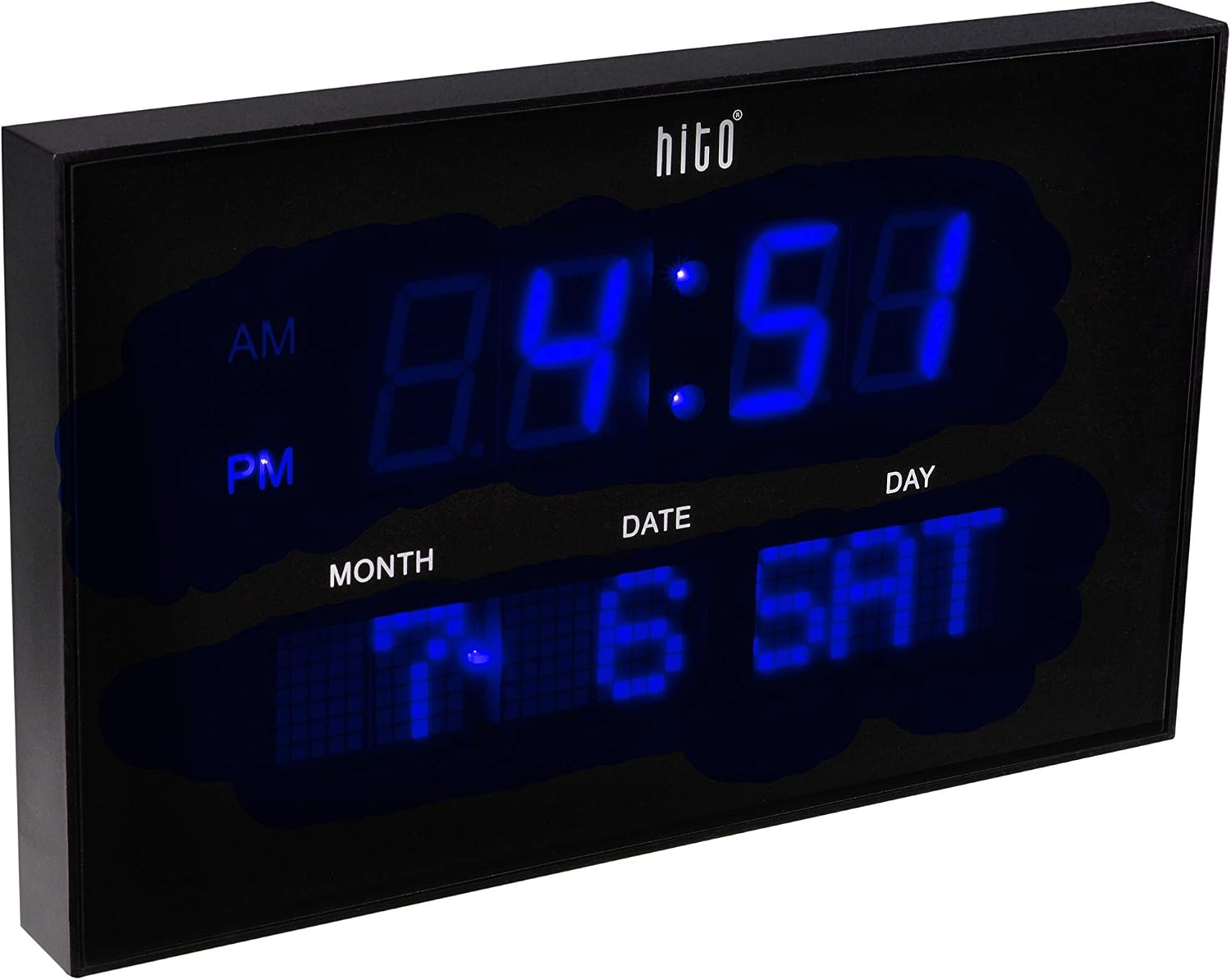 HITO 10.6" Large LED Wall Clock Date Day 3 Adjustable Brightness Memory Function, Adapter Included (Blue 10.6")