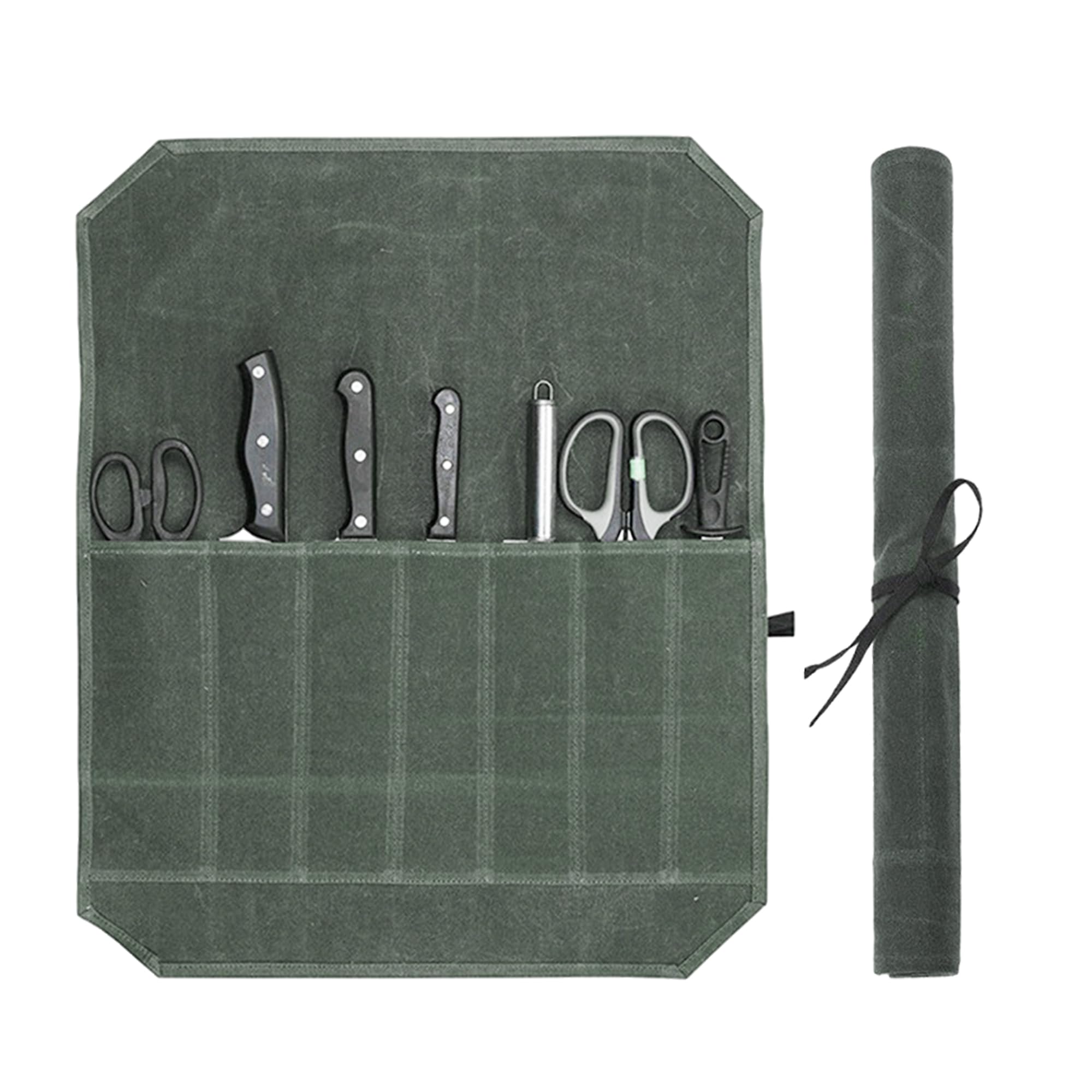 Chefs Knife Roll Bag, Kitchen Knife Set, 7 Slots Knife Cutlery Tool Roll Case Bag, Waxed Canvas Knife Bag for Camping Hold Home Kitchen Knife Tools Up
