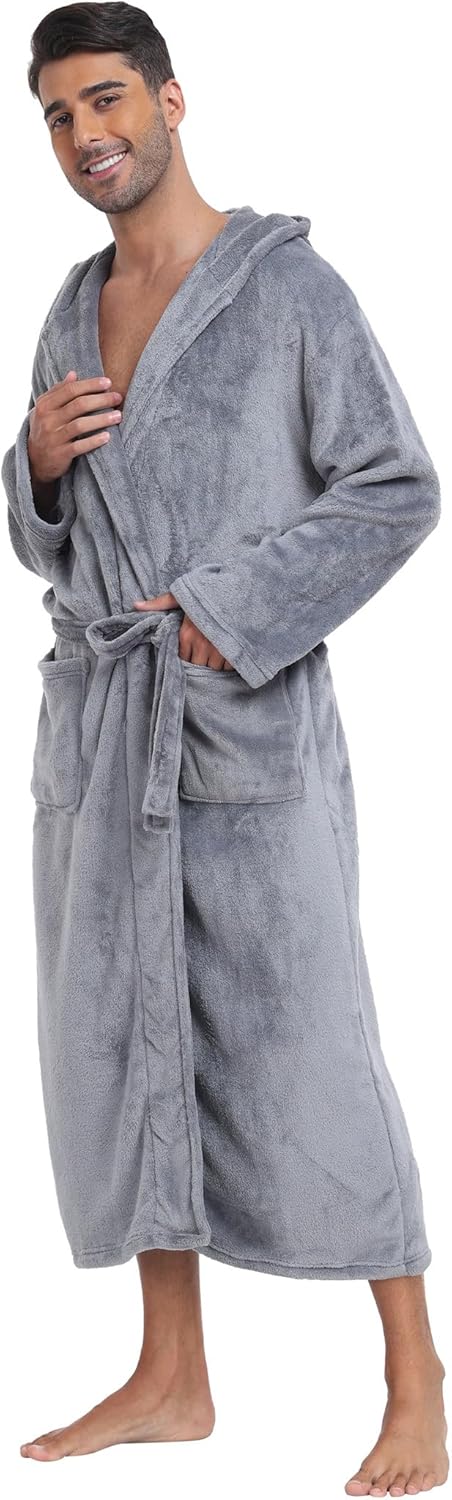 Men's Plush Hooded Bathrobe Winter Warm Fleece Robes Soft Flannel Long Robes with Pockets, Full Length - Image 3