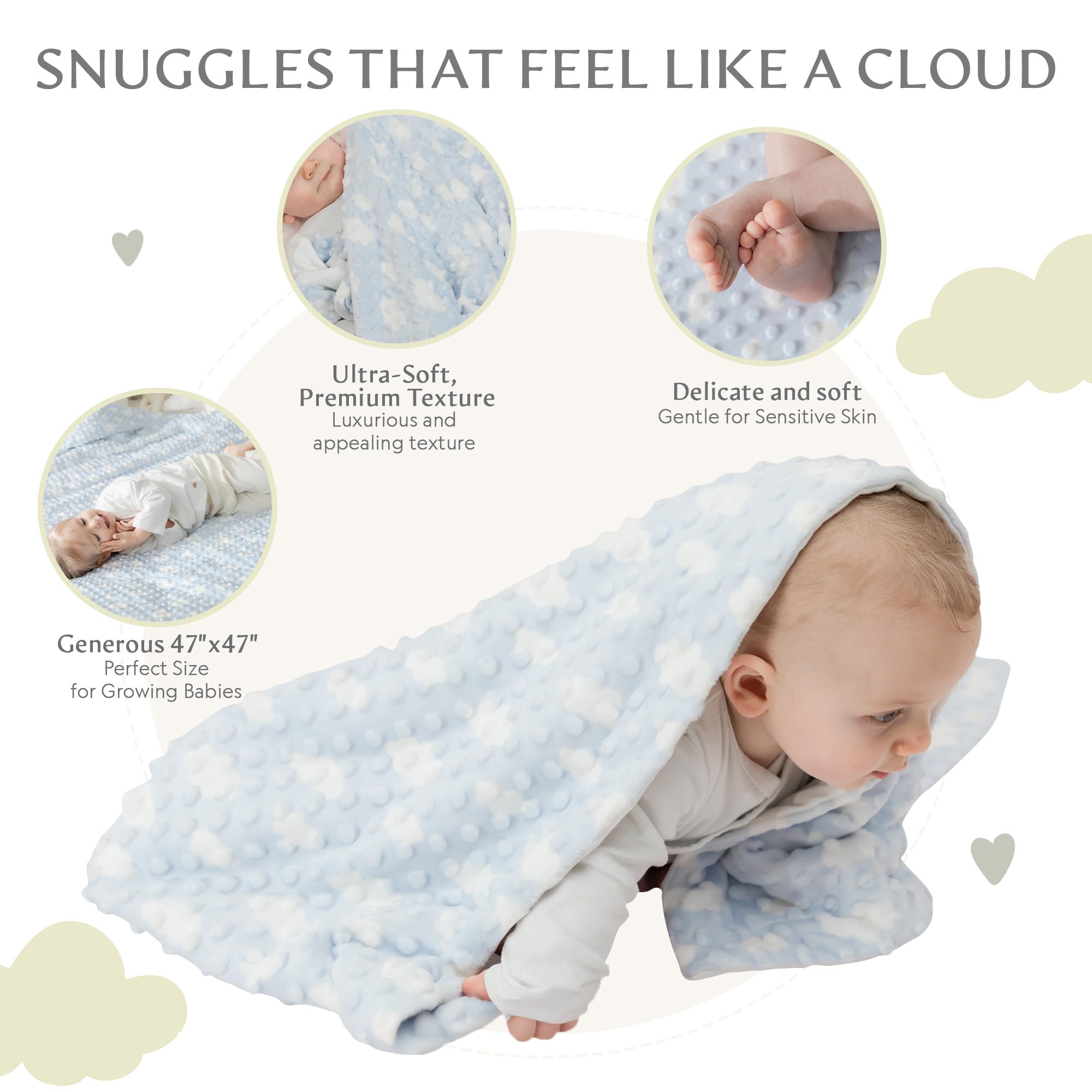 Bamboo Little Manta De Felpa Suave Para Bebé, Nube Azul, Unisex, 47 X 47 Pulgadas Para Ducha Y Registro, 70% Viscosa Hecha De Bambú, 30% Algodón Entrelazado