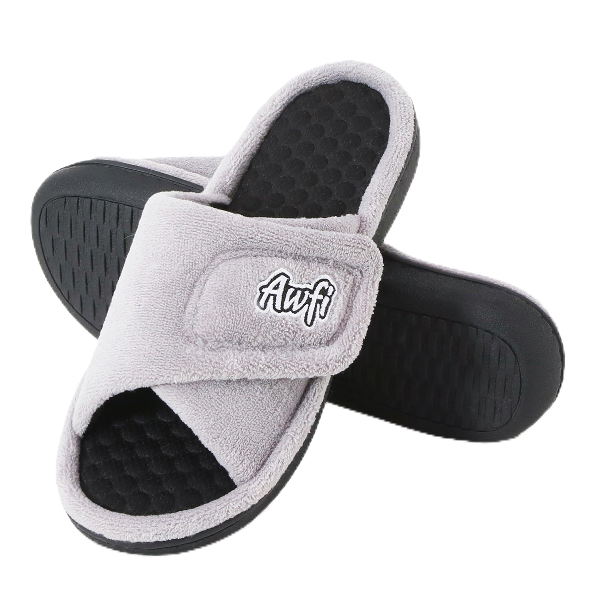 Womens Slippers with Memory Foam Fuzzy Adjustable Open Toe House Slippers for Women Slip On Home Bedroom Bathroom
