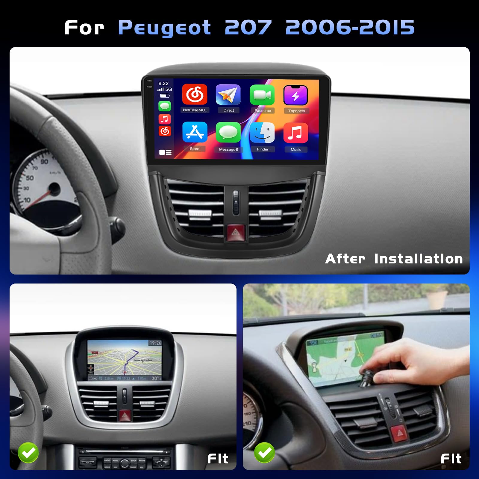 Hikity 4+64G 9" Autoradio Android pour Peugeot 207 2006-2015 | Incell Écran Tactile Wireless Carplay Autoradio 2 DIN GPS Navi Bluetooth 5.0 WiFi FM/RDS Caméra de Recul EQ 4+64G