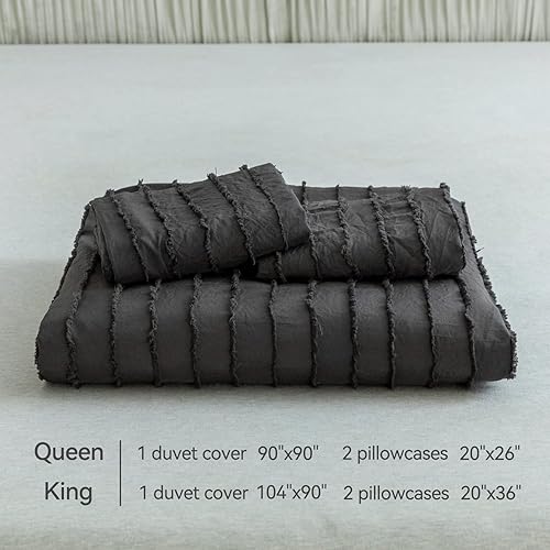 Miniatura 6 de JELLYMONI Juego de funda de edredón de microfibra copetuda de 3 piezas, color negro y azul, funda de edredón con textura copetuda a rayas bohemias