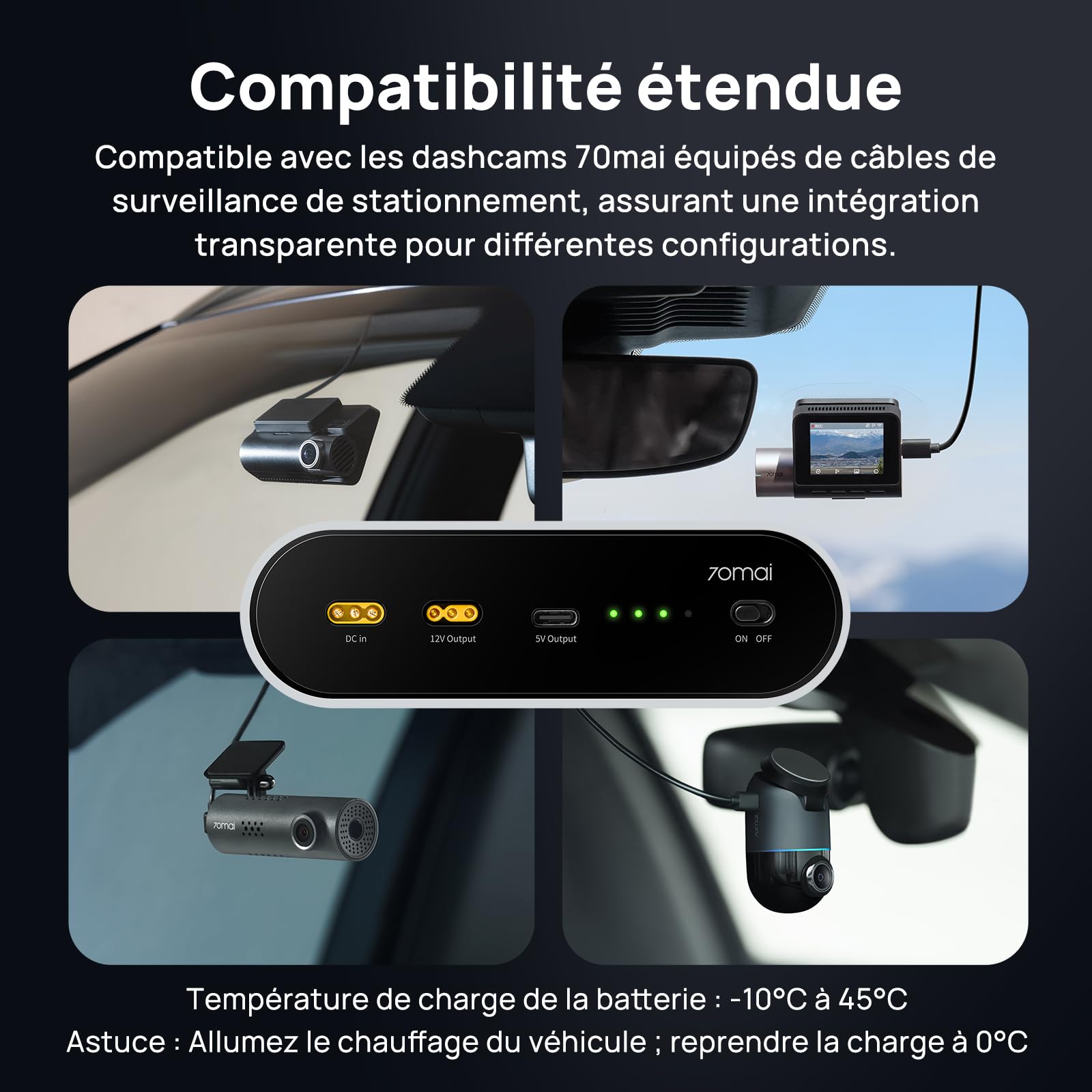 70mai Dashcam BL96NNX, bloc d'alimentation de rechange LiFePO4 96 Wh avec mode stationnement jusqu'à 30 heures, équipé d'une protection basse tension, XT30 + sortie USB-C, 7 protections BMS (charge de