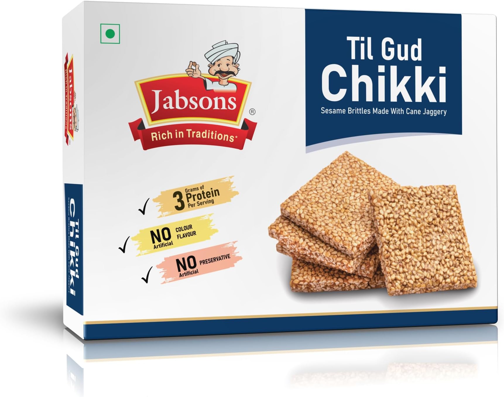 Jabsons Til Gud Chikki (400g) | Sesame & Cane Jaggery Brittle | Healthy Indian Snack Bar | 3g Protein per serving | Natural Energy Booster | Vacuum Packed Freshness | No Artificial Colors or Flavors