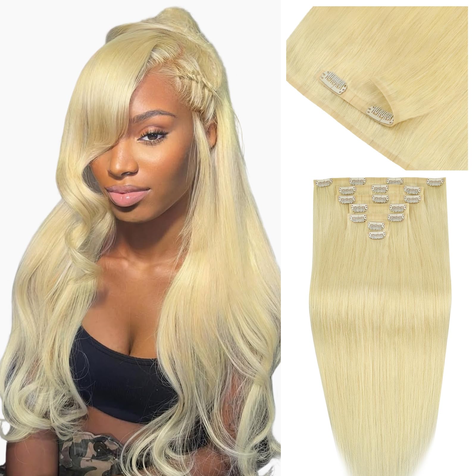 IDN BEAUTY Seamless Clip In Hair Extensions Human Hair, 110g 14 Inch, 613 Blonde Straight Remy Hair Seamless Clip Ins For Black Women PU Weft