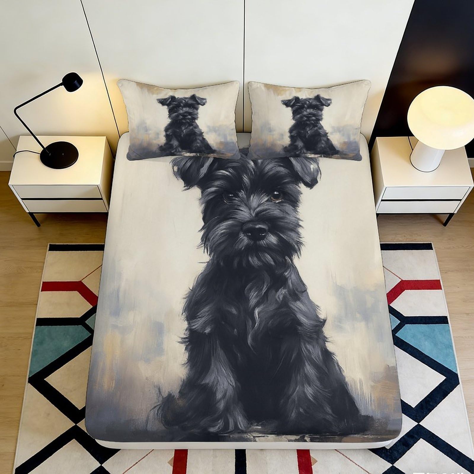 3D Printed Schnauzer Fitted Sheet Microfiber Deep Pocket Full Wrap Bedroom Bedding Schnauzer Mattress Fitted Cover Washable 90x200x25cm