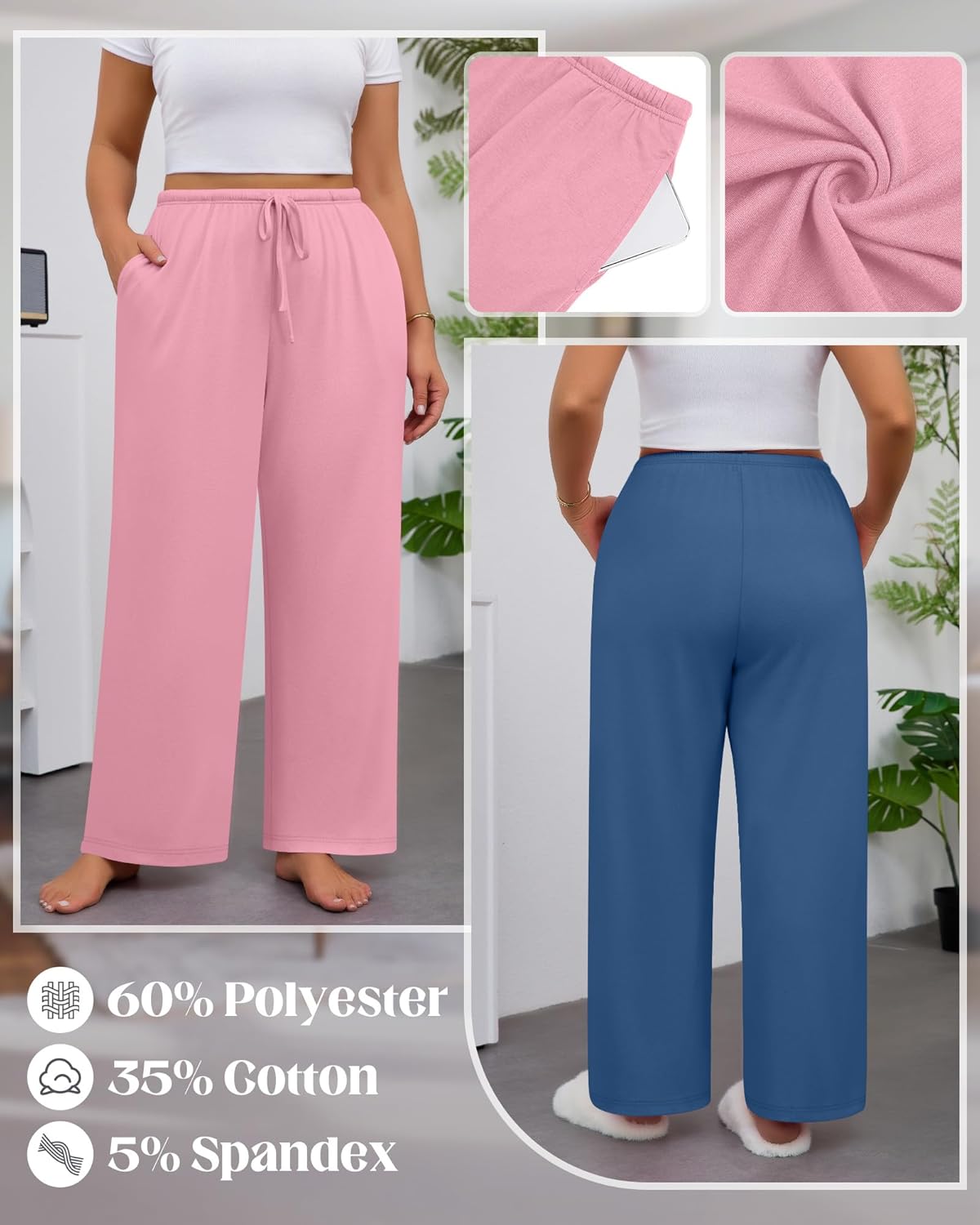 3 Pack Women's Plus Size Lounge Pants with Pockets, Wide Leg Loose Drawstring Pants Casual Sweatpants Jogger Pant