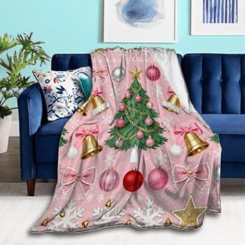 SWEET TANG Comfortable Fleece Throw Blanket, Soft and Warm Snowflakes Christmas Tree Bows Decorations Pink Blankets and Throws, Lightweight Cozy Fuzzy for Couch Sofa Bed, 50X60 inch