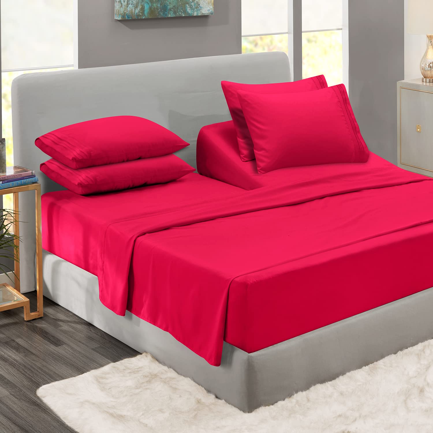 Clara Clark Flex Top King Sheets, 6 Piece Set - Hotel Luxury Sheets for Top Split King Bed, Super Soft Bedding Set, Head Split King Hot Pink Hot Pink Flex Top King
