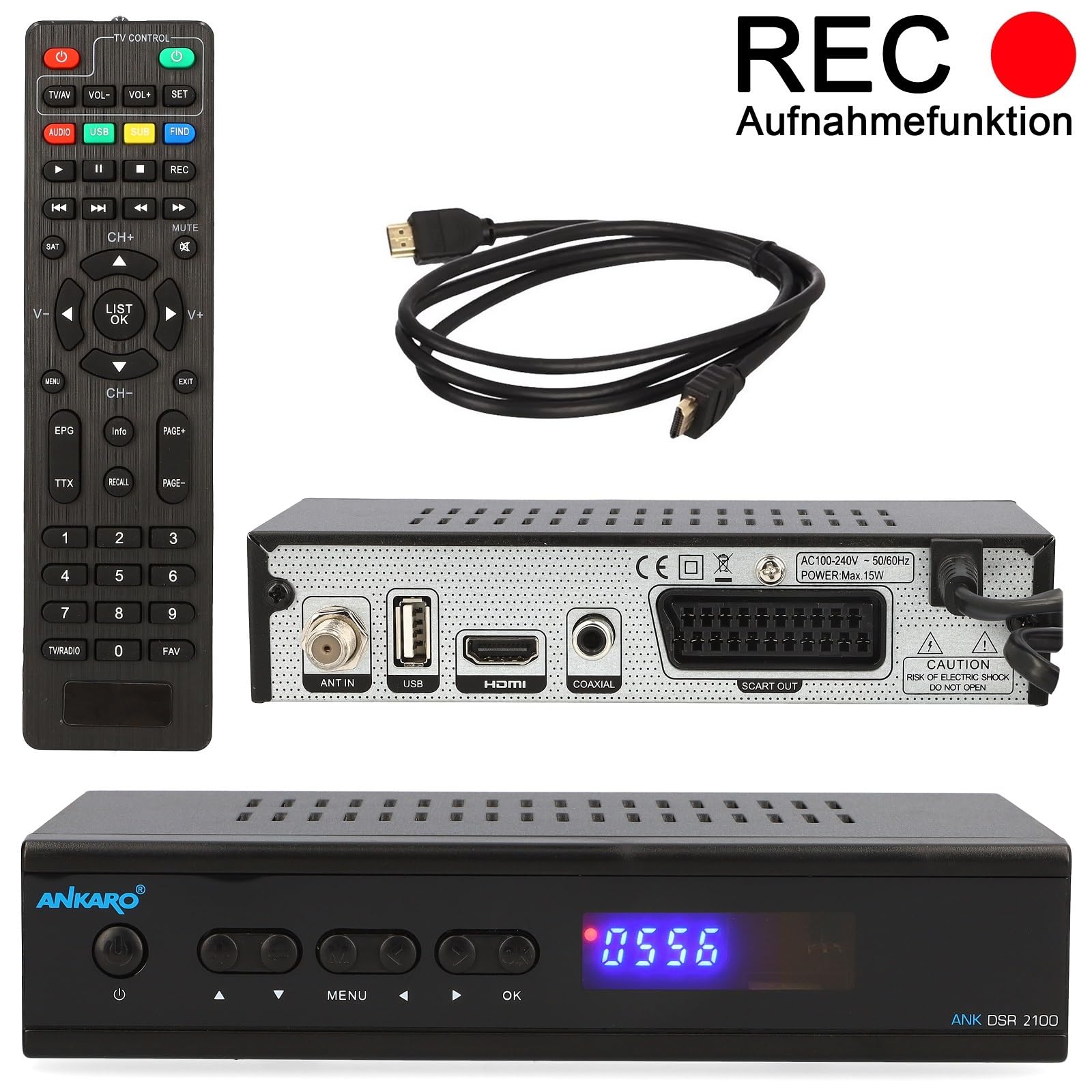 Ankaro 2100 DSR HD Sat Receiver mit PVR Aufnahmefunktion für Satellitenschüssel, AAC-LC Audio, Einkabel tauglich, HDMI,SCART, KOAXIAL, USB 2.0, Timeshift, Receiver für Sat Fernsehen + HDMI Kabel