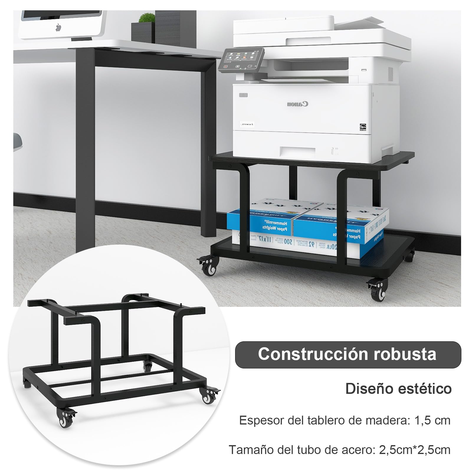 PUNCIA Mesa para Impresora de 2 Niveles con Ruedas 60 x 50 cm Soporte para Impresora Móvil de Madera y Metal con Estante de Almacenamiento para Oficina Hogar Escuela Negro