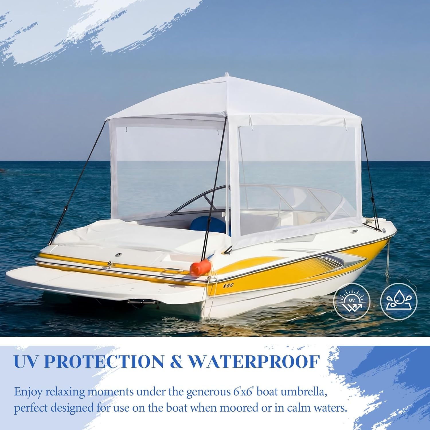 Briwooody Boat Umbrella Sun Shade with Sidewalls Kit 6' x 6' Boat Sun Cover Anti-Ultraviolet, Adjustable Aluminum Pole to 8 Feet with Ropes and Storage Bag Fits Most Boats and Benches