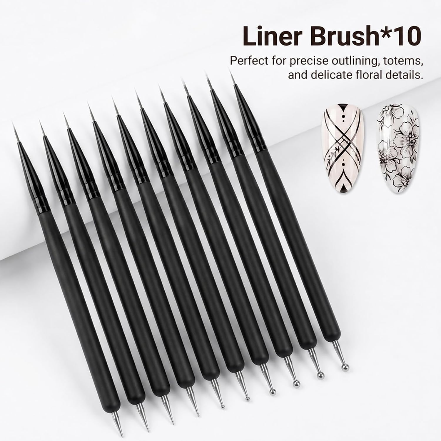 10 Pcs Nail Art Brushes, Liner Brushes and Dotting Pen Tools, Thin Nail Art Brush Set for Long Lines, Fine Details & Painting, Sizes 4/8/12/16/20mm, Black
