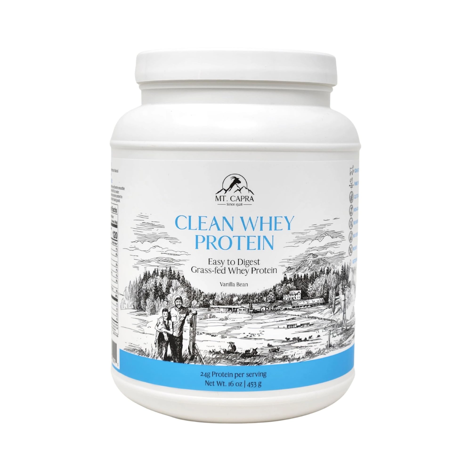 Mt. CapraClean Whey Protein | Grass-Fed Undenatured Goat Whey Protein Powder | 24 g Protein Per Serving, All Natural, Non-GMO, High in Branch Chain Amino Acids | Vanilla Bean | 15 Servings - 16 oz