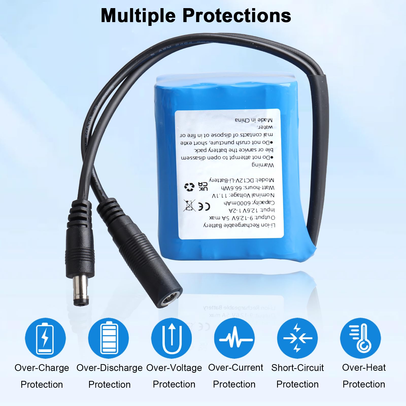 6000mAh 12V Wiederaufladbarer Lithium-Ionen-Akku, Geeignet für Kamera, MP3-Player, Camcorder, Elektronische Keyboard, CCTV-Kamera, Router, Solar Panel, usw. (Inklusive Ladegerät und Steckverbinder)