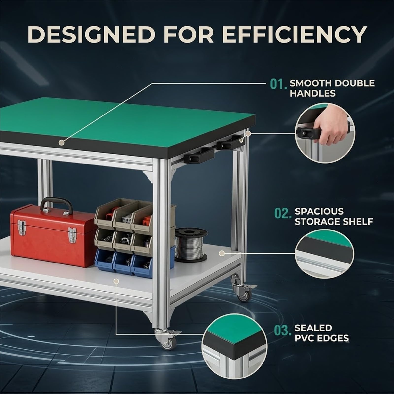 Banco Lavoro Mobile Antistatico Carrello Alluminio(B80x60cm) | Bordo Anticaduta| Pannello da 25mm | Tappeto dissipativo da 2mm |Ruote girevoli a 360° con freno |As
