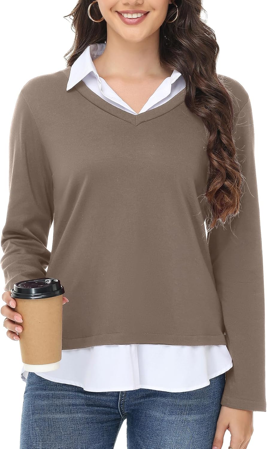 Womens Sweaters Fall Fashion 2025 V Neck Long Sleeve Collared Shirts Office Business Lightweight 2 in 1 Tops