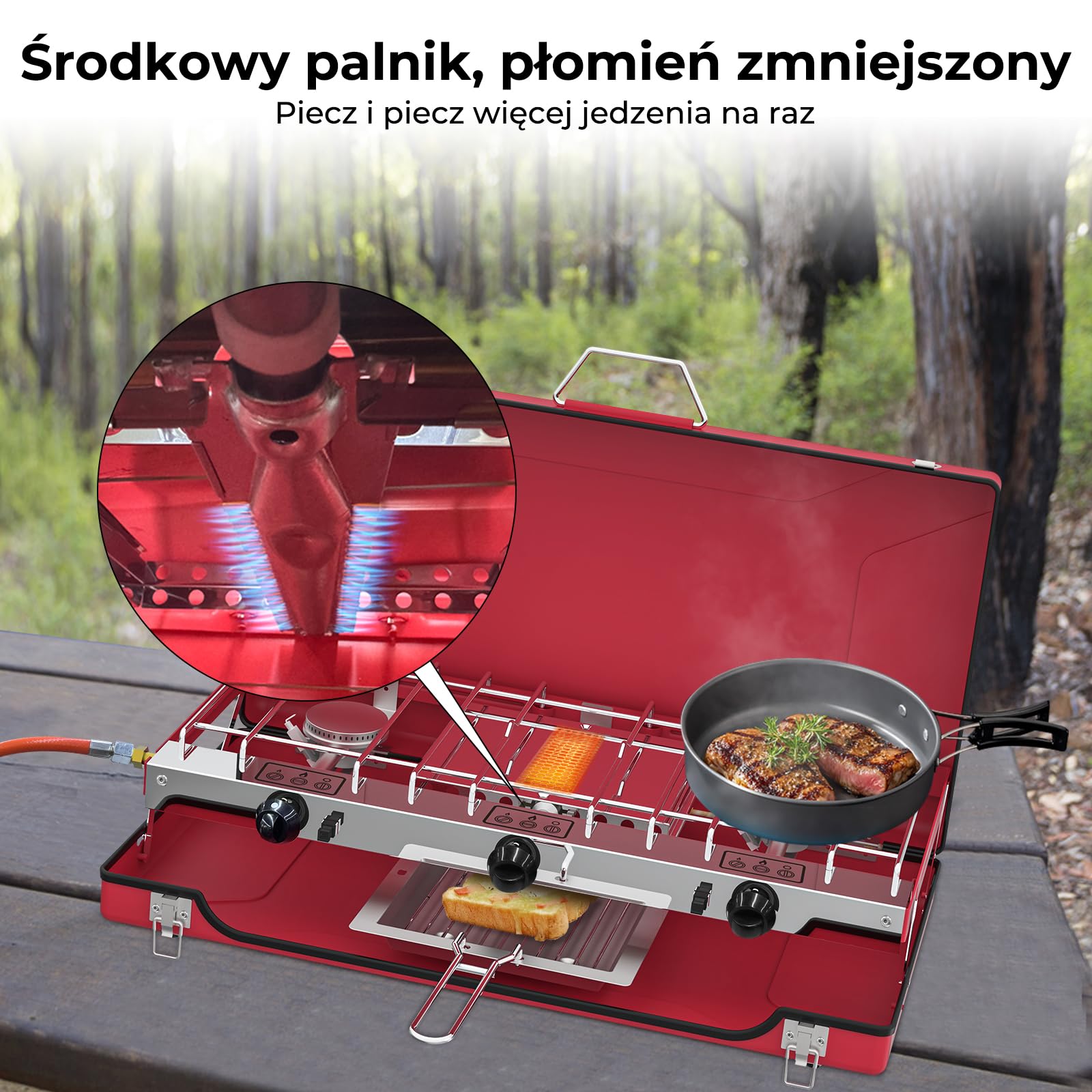 CAMPLUX JK-5330-DE kuchenka kempingowa z 3 palnikami z pokrywką, 4,5 kW, kuchenka gazowa z regulatorem gazu 50 mbar, butan/propan, wiatroszczelna