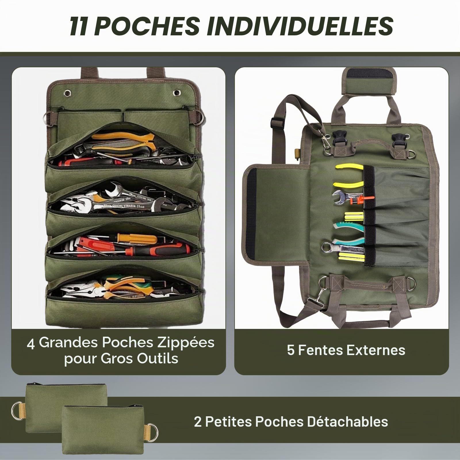Sac à Outils Enroulable avec 2 Pochettes Détachables, Tissu Oxford Imperméable, Portable Pour Mécaniciens Électriciens