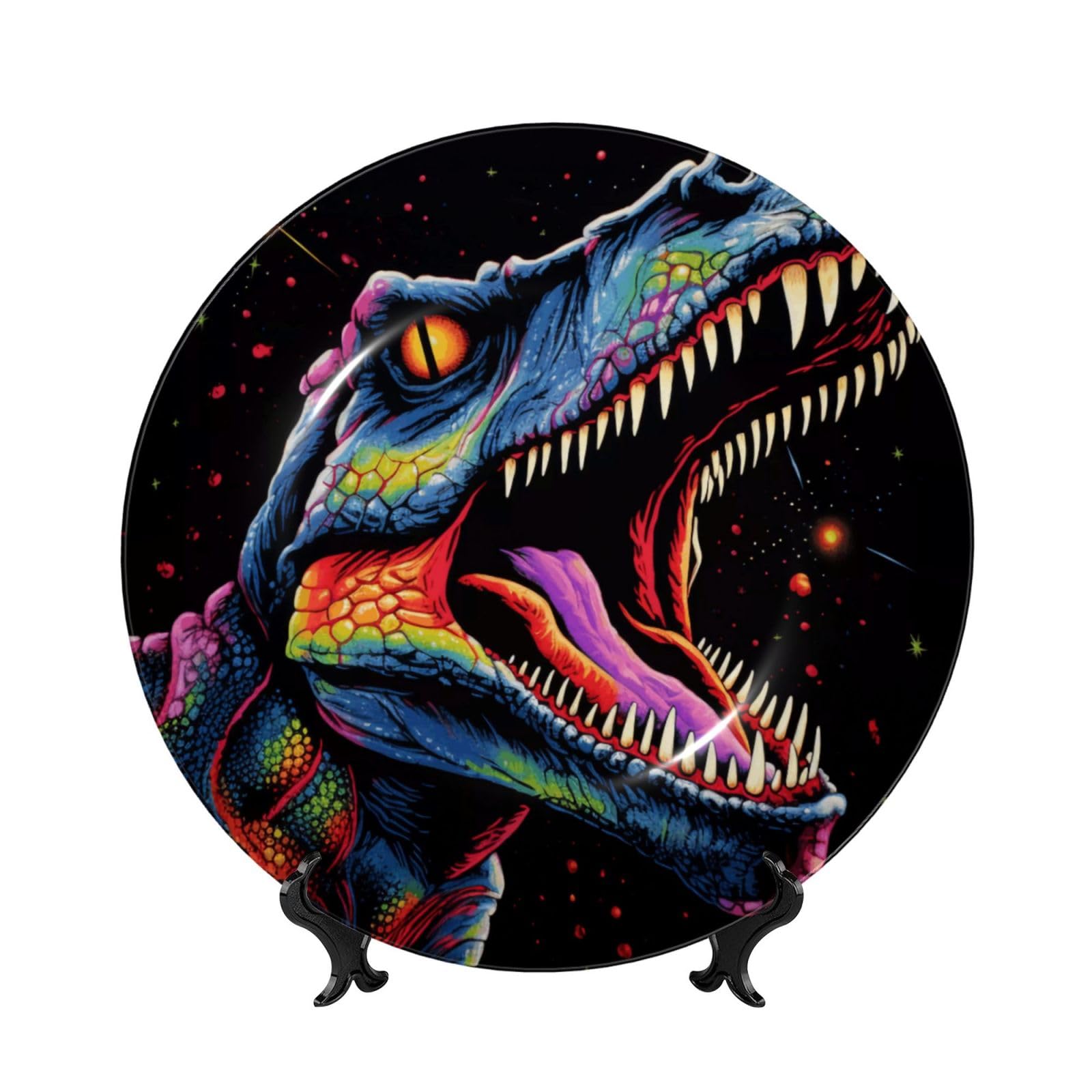 SXZVVBN Neon Tyrannosaurus Rex Bone China Decorative Plate Art with Stand Removable Adhesive Hanging for Home Office 8in（20cm）