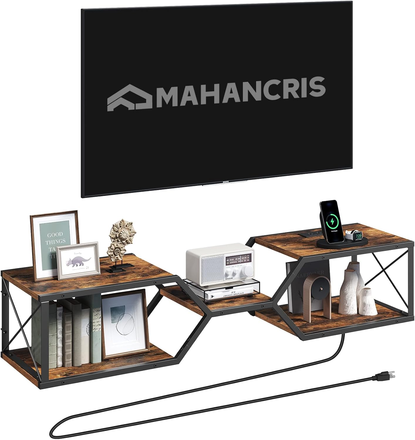 Floating TV Stand with Power Outlet, Wall-Mounted TV Shelf with X-Shaped Frame, Floating Entertainment Center with Storage, for Living Room, Bedroom, Rustic Brown TVHR301E01