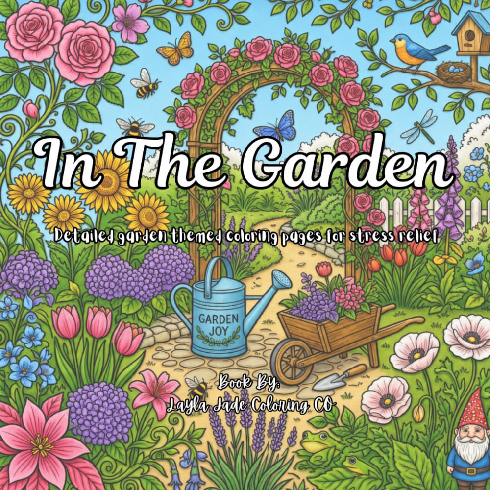 In The Garden: Detailed garden themed coloring pages for stress relief
