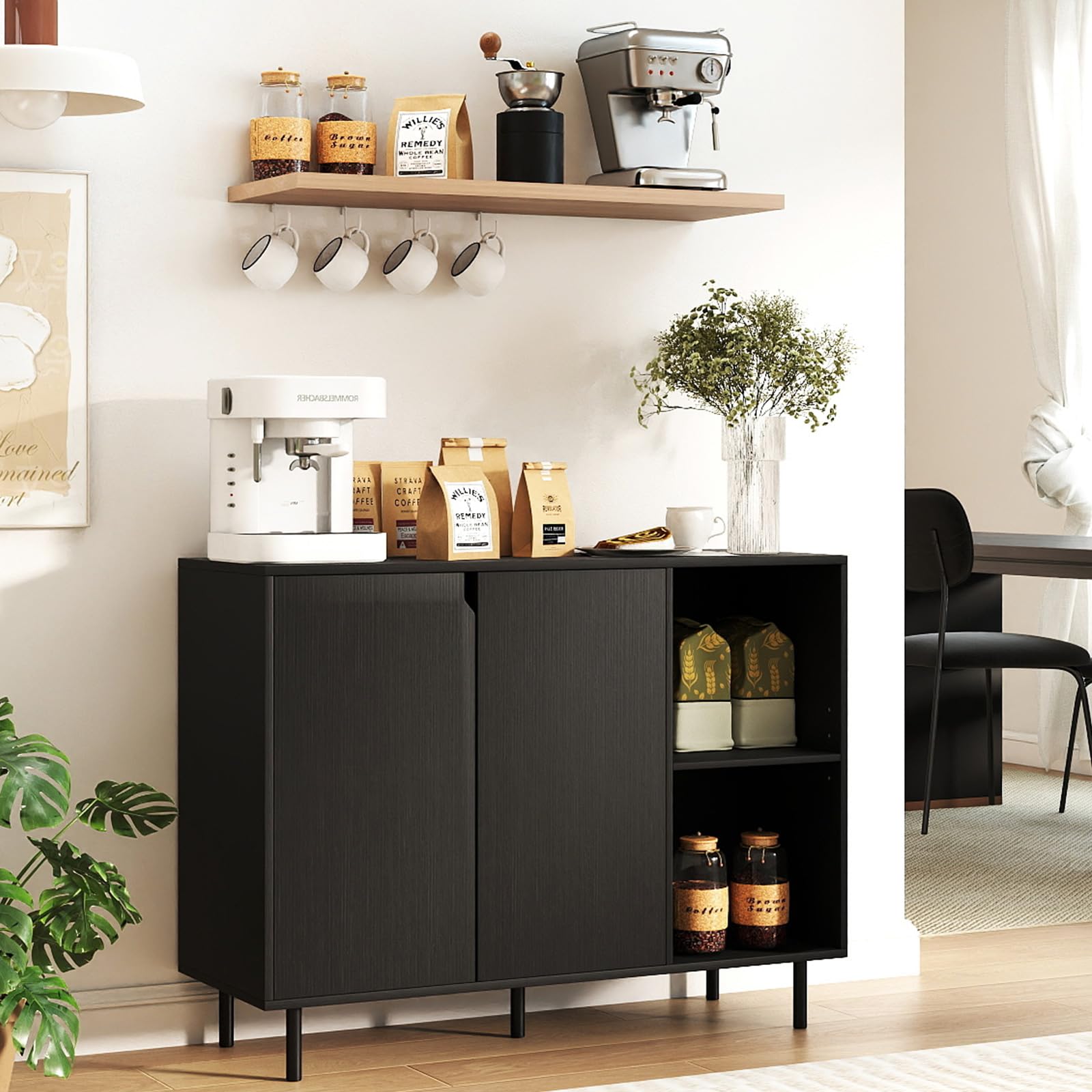 GIANTEX Aparador Buffet de Cocina con 2 Puertas, Armario con Estantes Ajustables y Patas Metálicas, 106 x 38 x 80 cm, con Kit Antivuelco, Mueble de Almacenamiento para Comedor, Salón (Negro)