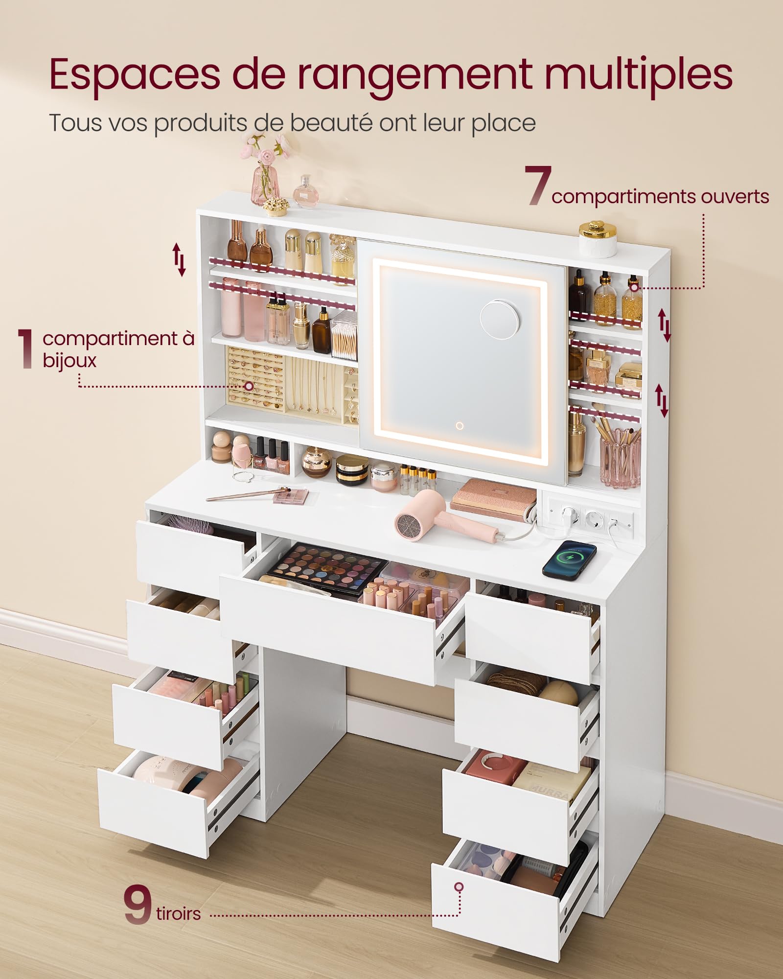VASAGLE Kailyn Collection - Coiffeuse avec Miroir LED et Tabouret, Multiprise, 9 Tiroirs, Loupe 10x, Rangement Bijoux, Éclairage 3 Couleurs, Installation des Rails sans Outils, Blanc Nuage RDT737W01