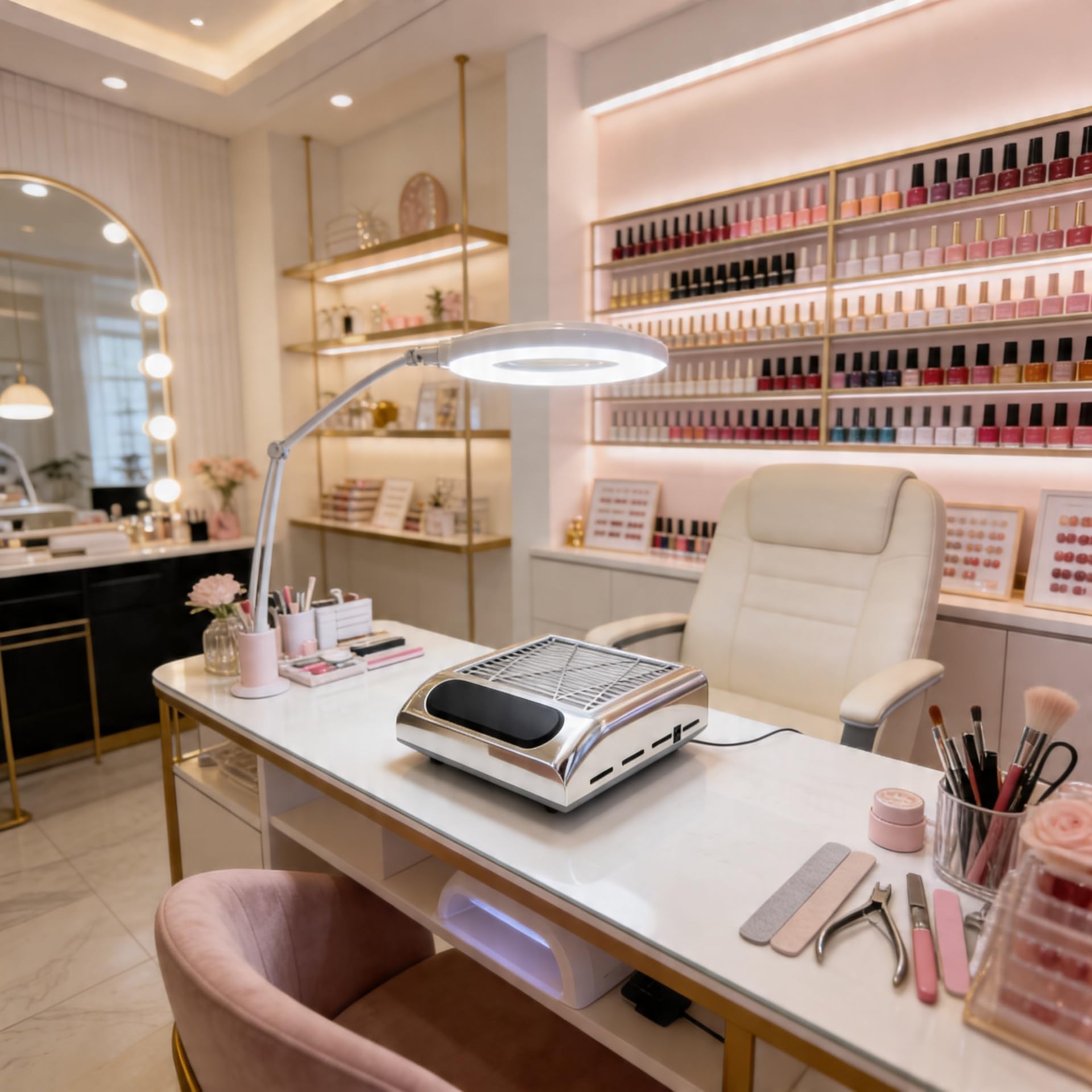 Pochłaniacz Pyłu do Paznokci 80W, Bezworkowy, Filtr Kasetowy, do Manicure, Srebrny, do Domu i Salonu