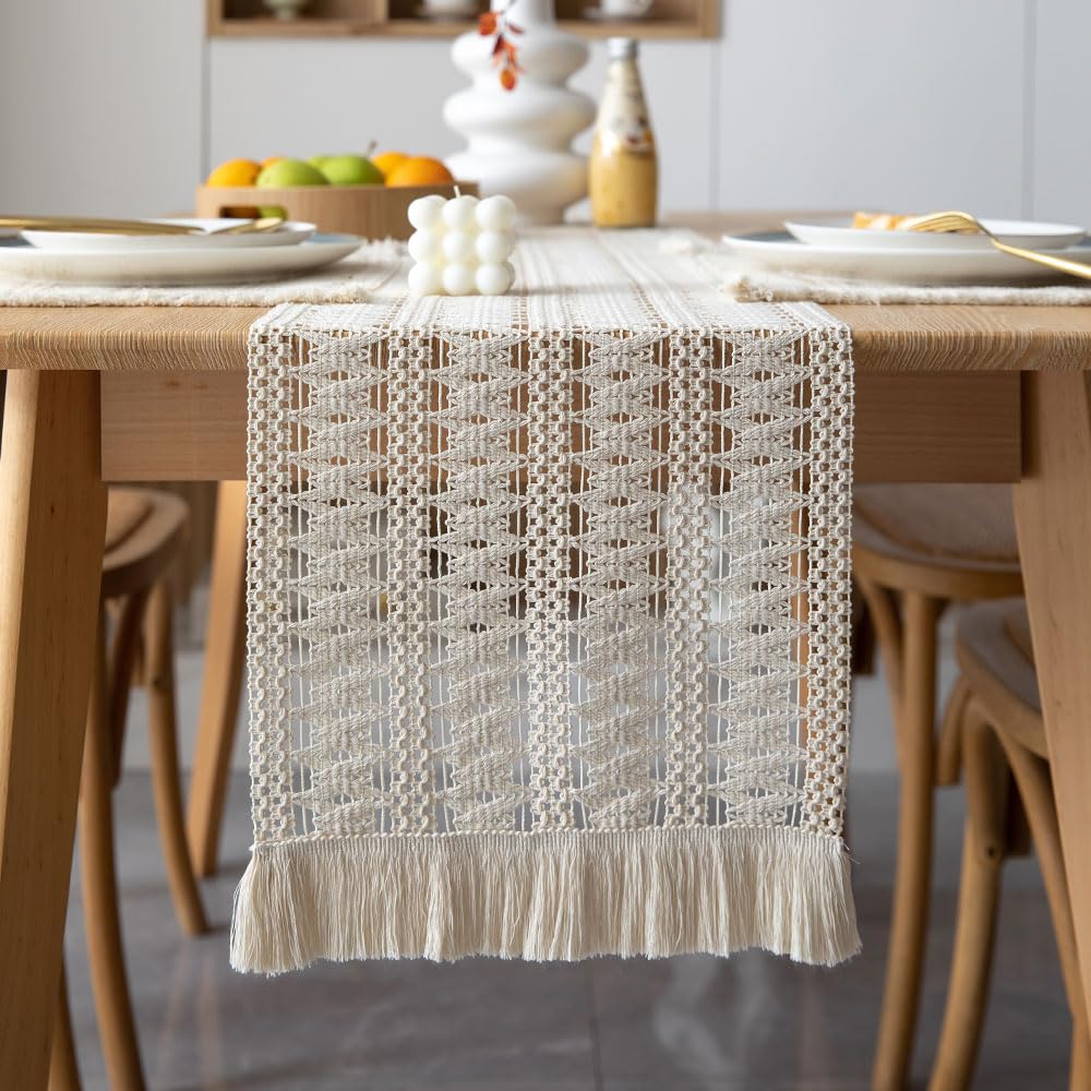 Odot Table Runner Vintage Fringe Boho, Seasonal Fall Winter Machine Washable Kitchen Dining Table Decoration long tablecloth, for Thanksgiving Events Home Party Decor (30x180cm,White)