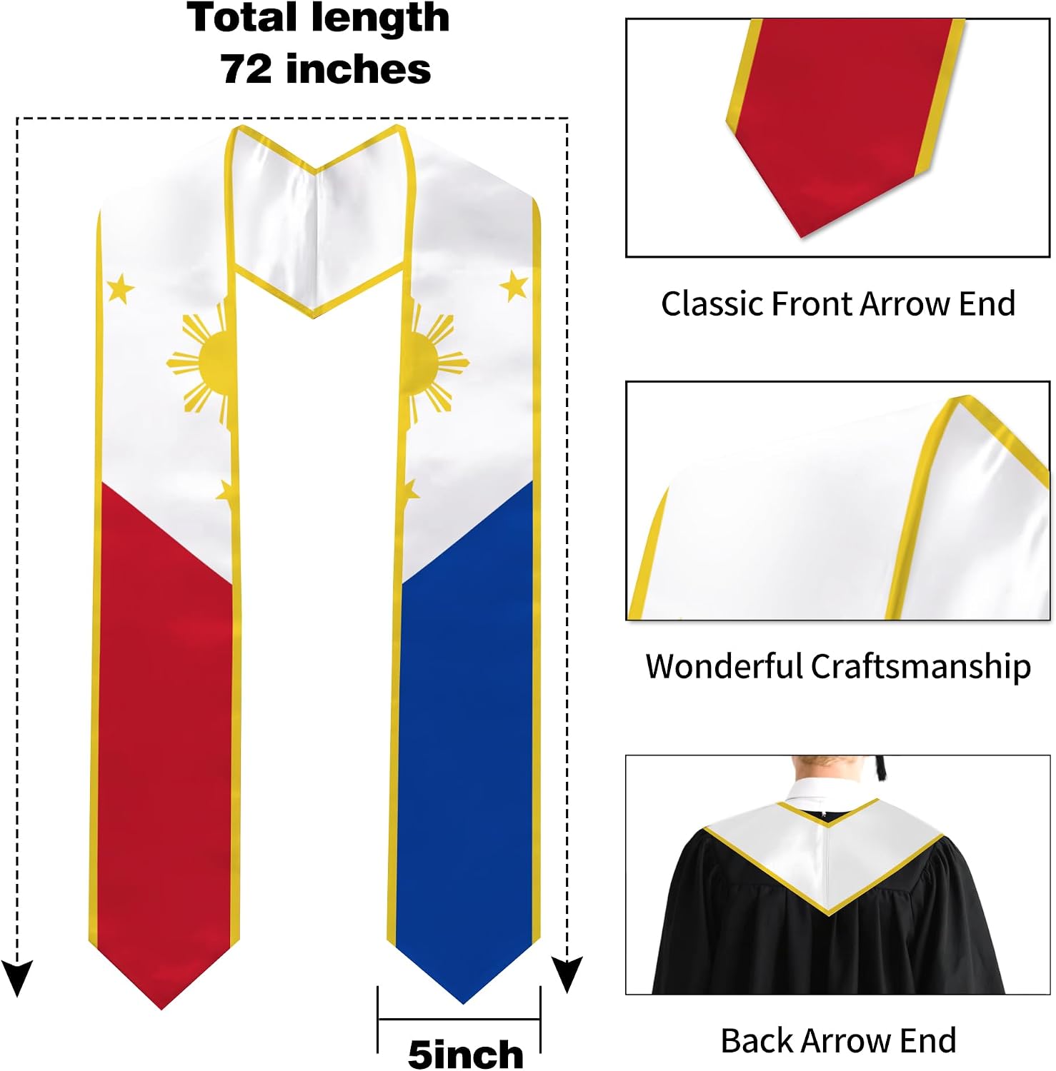 Philippines Flag Graduation Stole 72 x 5 Inches Decorative Ceremonial Accessory Sash for International Student (Baccalaureate Gown and Hat Not Included)