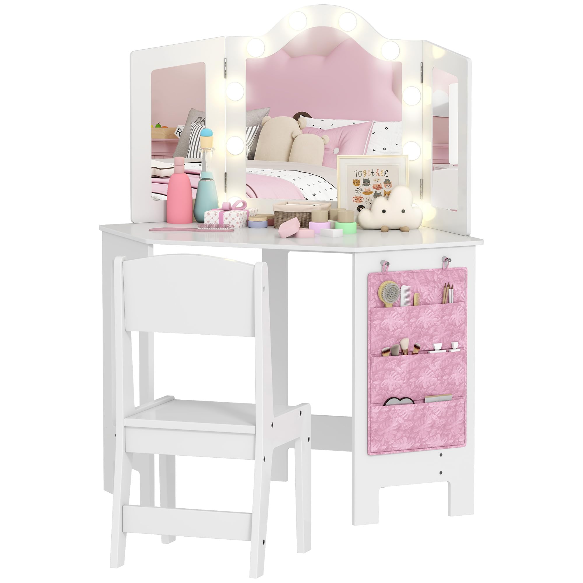 AIYAPLAY Coiffeuse Enfant 2 en 1 avec Tabouret, Bureau Fille avec Miroir triptyque et lumières LED Bicolores, Pochette de Rangement latérale, Table de Maquillage pour Enfants de 3 à 8 Ans, Blanc