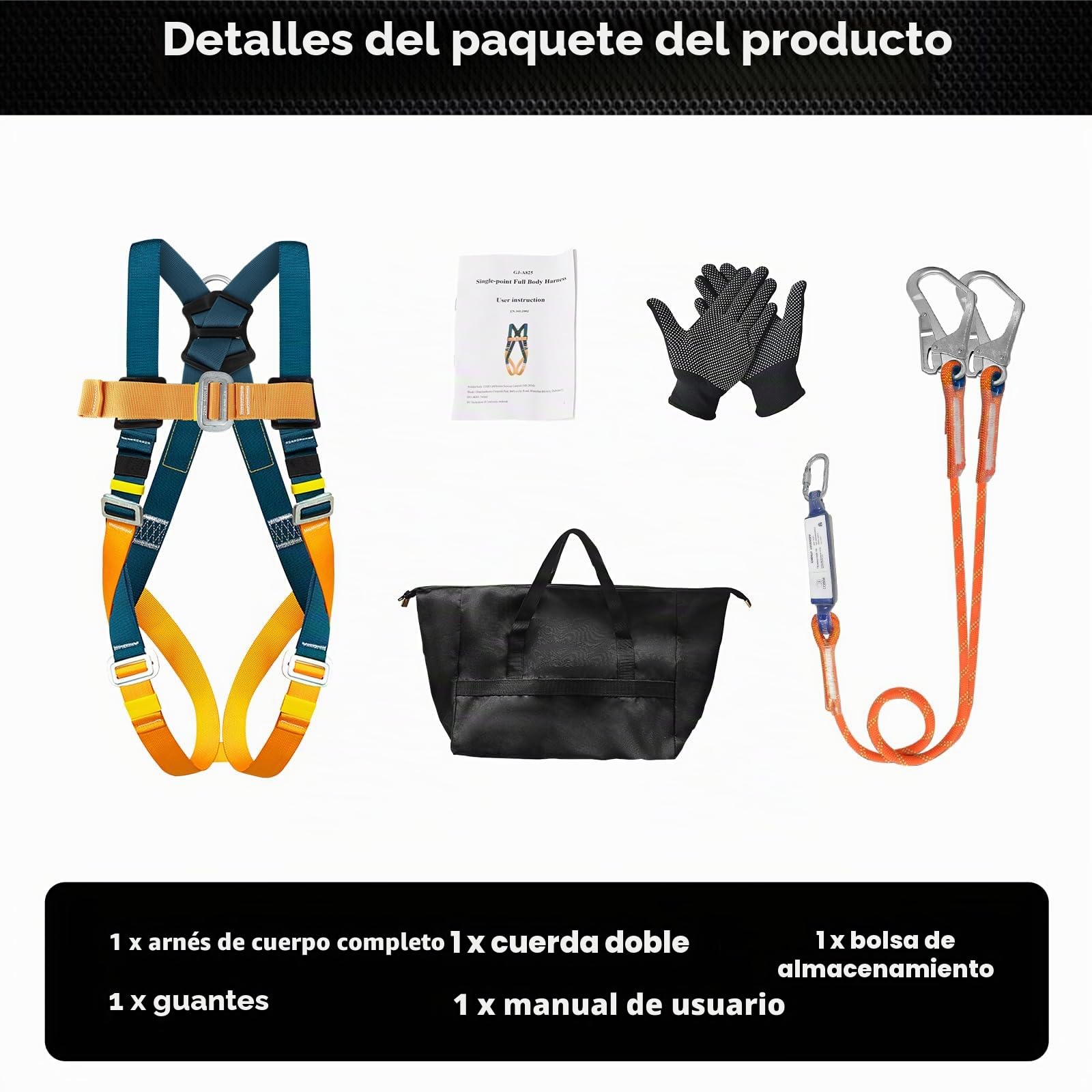Arnés de seguridad integral con absorbedor de energía, doble cuerda de 1,8 m, ajustable, Carga máxima 140 kg, EN 361/354/355, protección contra caídas para hombre techos, escalada y trabajos en altura
