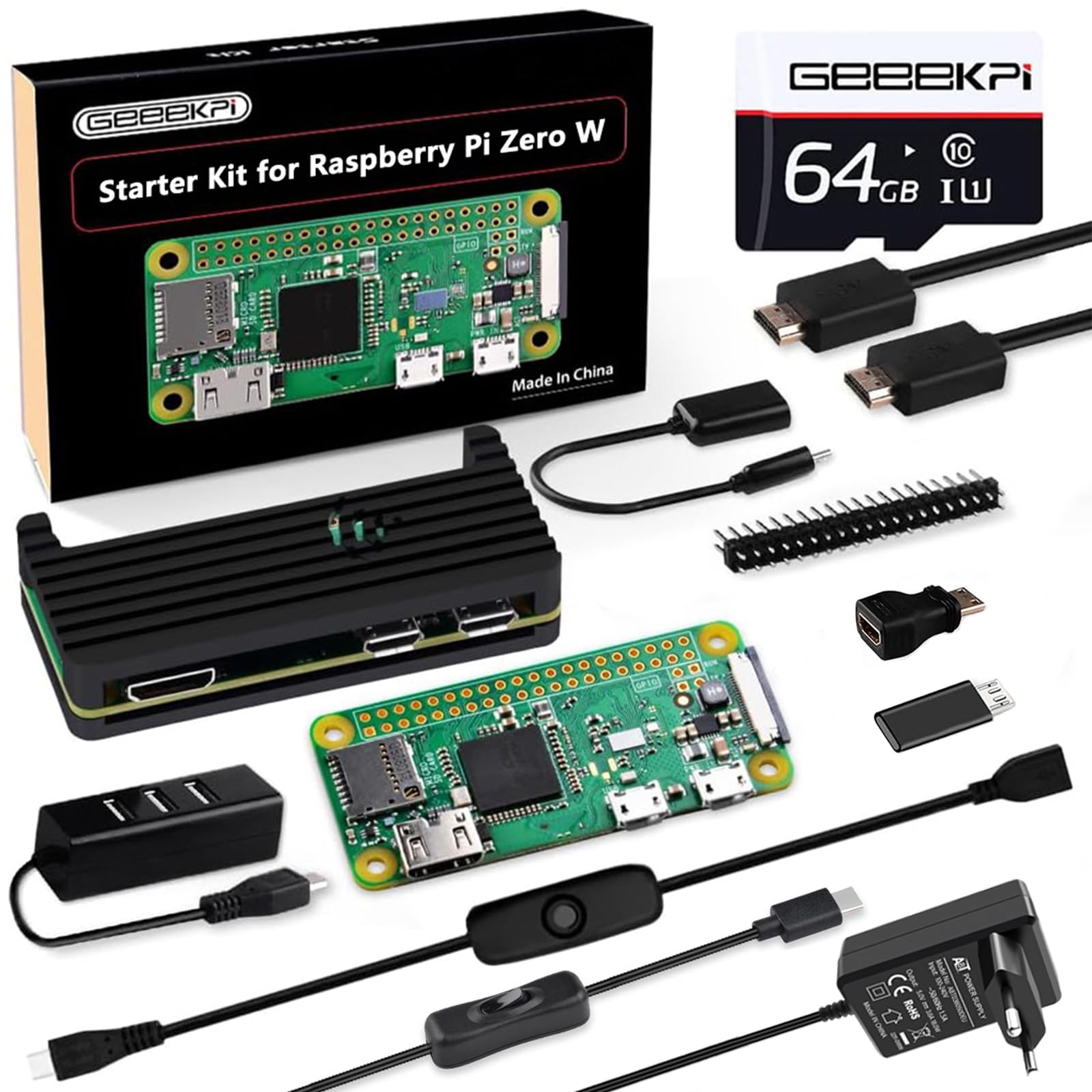 GeeekPi Zestaw startowy dla Raspberry Pi Zero W, z obudową RPi Zero W, karta SD 64GB, zasilacz, nagłówek 20Pin, adapter Micro USB do OTG, kabel HDMI, adapter HDMI, kabel przełącznik i 4 porty USB Hub
