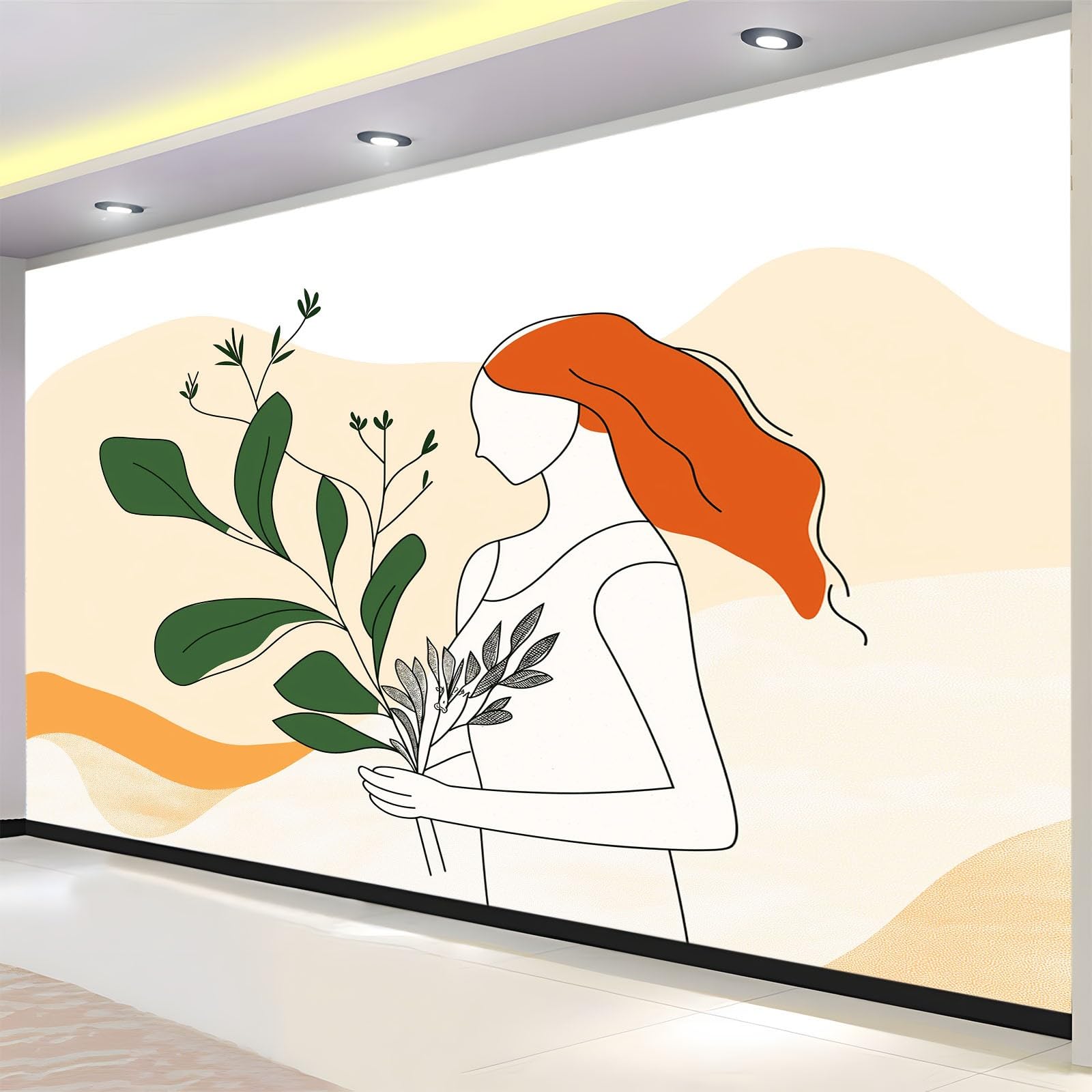 Minimalizm Kwiaty Zielone Rośliny 3D Drukowana Tapeta, 350 x 256 cm Fototapeta Fototapeta Zdejmowana Włóknina Salon Tło TV I Sofa, Beżowy