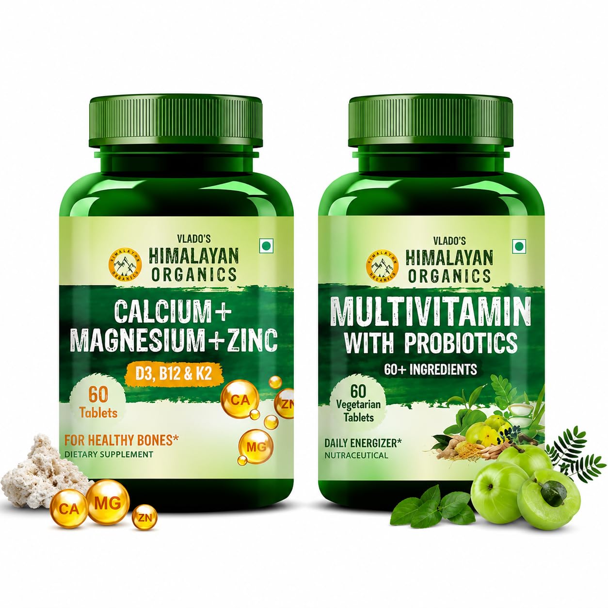 Vlado's Himalayan Organics Calcium Magnesium Zinc with Vitamin D3 + K2 & Multivitamin with Probiotics Combo | Bone, Joint & Daily Wellness Support | 60 Tablets + 60 Veg Tablets | For Men & Women-image-30