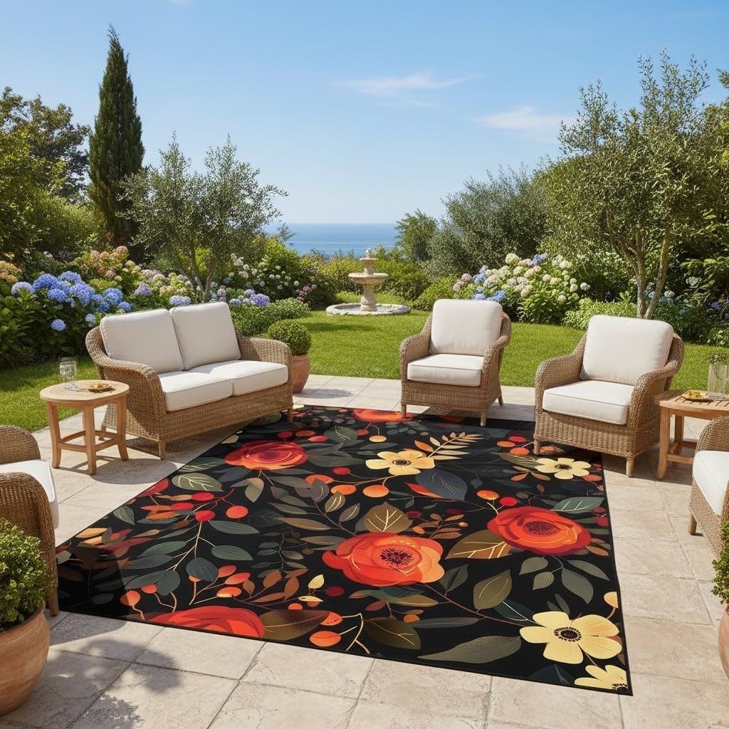 Black Red Floral Outdoor Rug 3x5 Modern Botanical Flower Texture Rugs for Patio Deck Porch Balcony Camping Waterproof Non Slip Garden Large Outside Carpet Easy Clean Machine Washable Flowers Mat