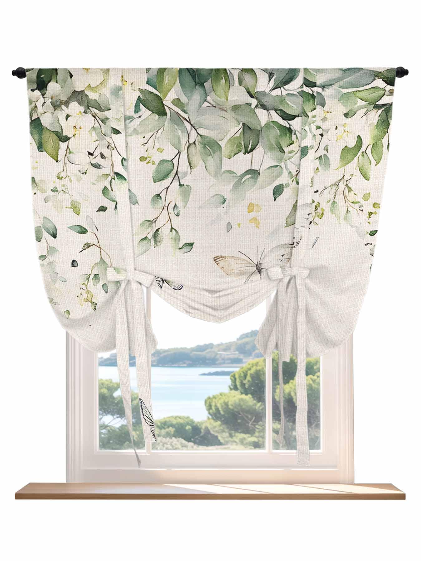 Tie Up Curtains for Windows Eucalyptus Leaves Roman Shade 34 x 45 Inch Bathroom Curtains Window Farmhouse Botanical Vines Butterfly Rod Pocket Short Balloon Curtains for Living Room Kitchen Blinds