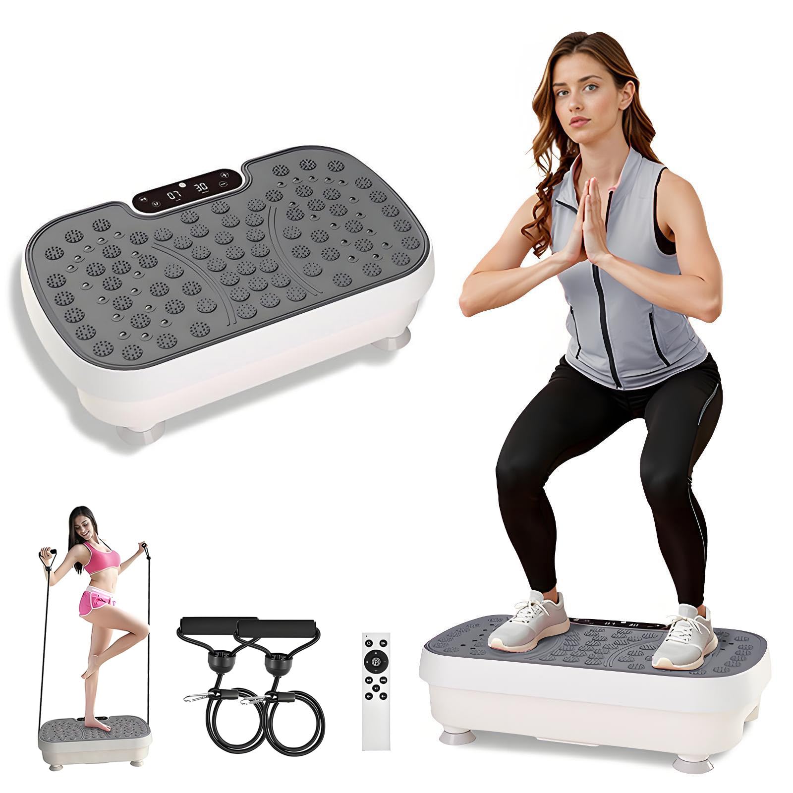 Piastra vibrante per la casa – Piastra vibrante con 3 modalità di allenamento, portata 150 kg, silenziosa fitness, vibrazione, piastra diminuzione, allenamento completo con 2 fasce di resistenza