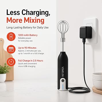 Electric Hand Mixer Whisk | Wireless Rechargeable Handheld Egg Beater with 2 Stainless Steel Mixing Heads | Portable Kitchen Hand Mixer for Egg, Milkshake Cream, Cake, Baking & Cooking-Black