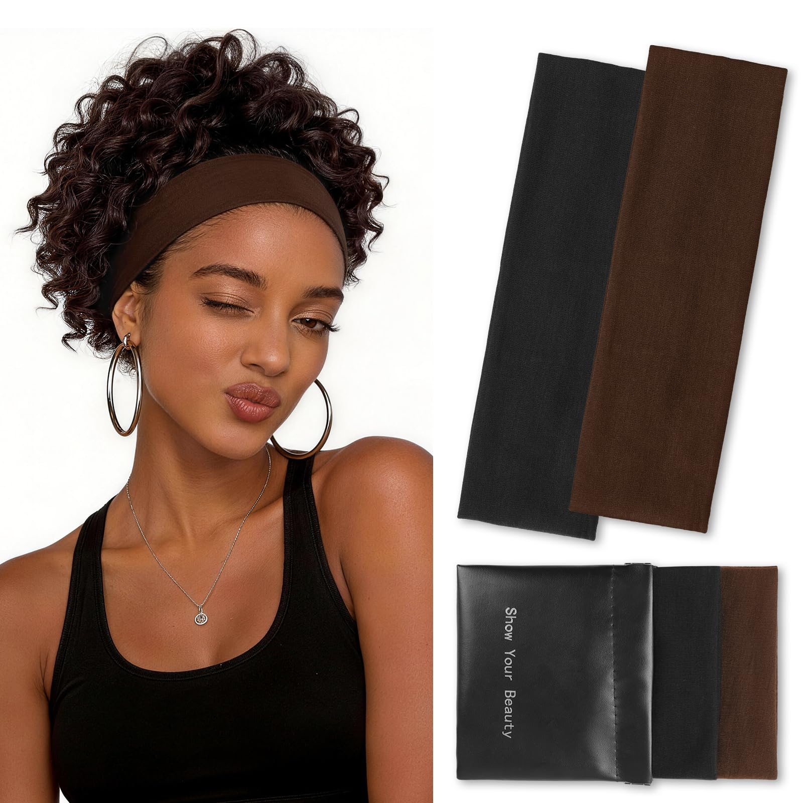 PROPOG Stirnband Damen Sport, 7cm Haarband Damen, Elastisch Antirutsch Headband Sport Haarbänder Für Yoga Fitness Laufen Exercise Gym Unisex 2 Stück (Braun)