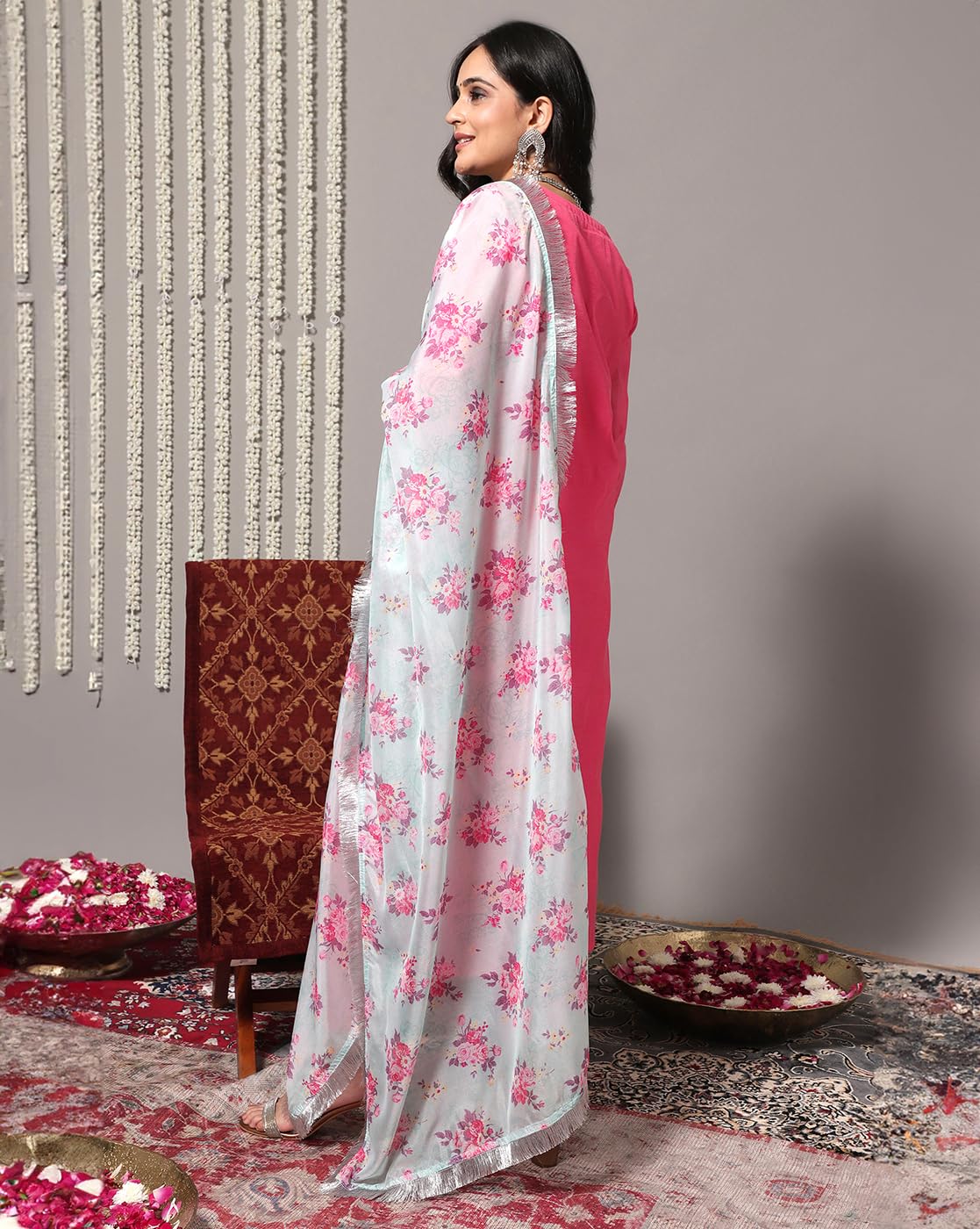 Varanga Women Pink Floral Embroidered Regular Chanderi Silk Kurta With Trousers & With Dupatta